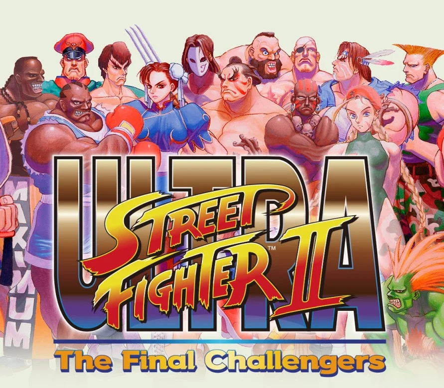 Cover art for Ultra Street Fighter II The Final Challengers with a crowd of fighters.
