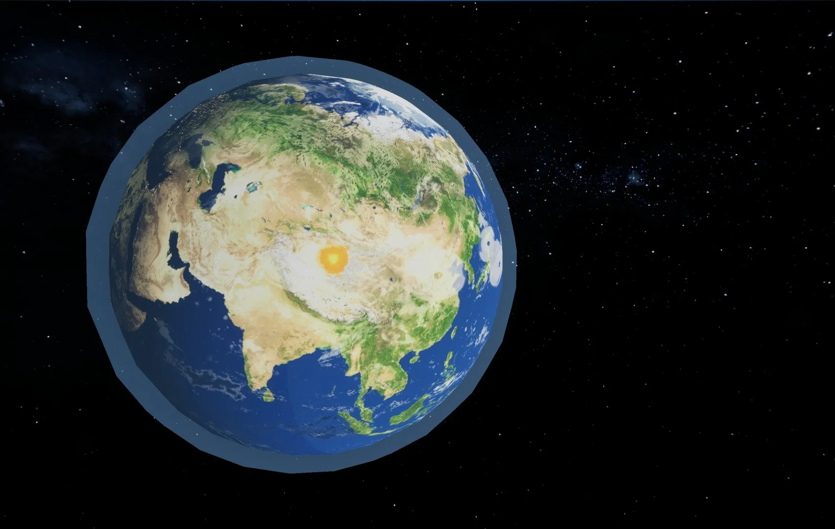 Earth-like globe with green Asia, a yellow glow over the continent and a thin blue atmosphere ring on a black star field