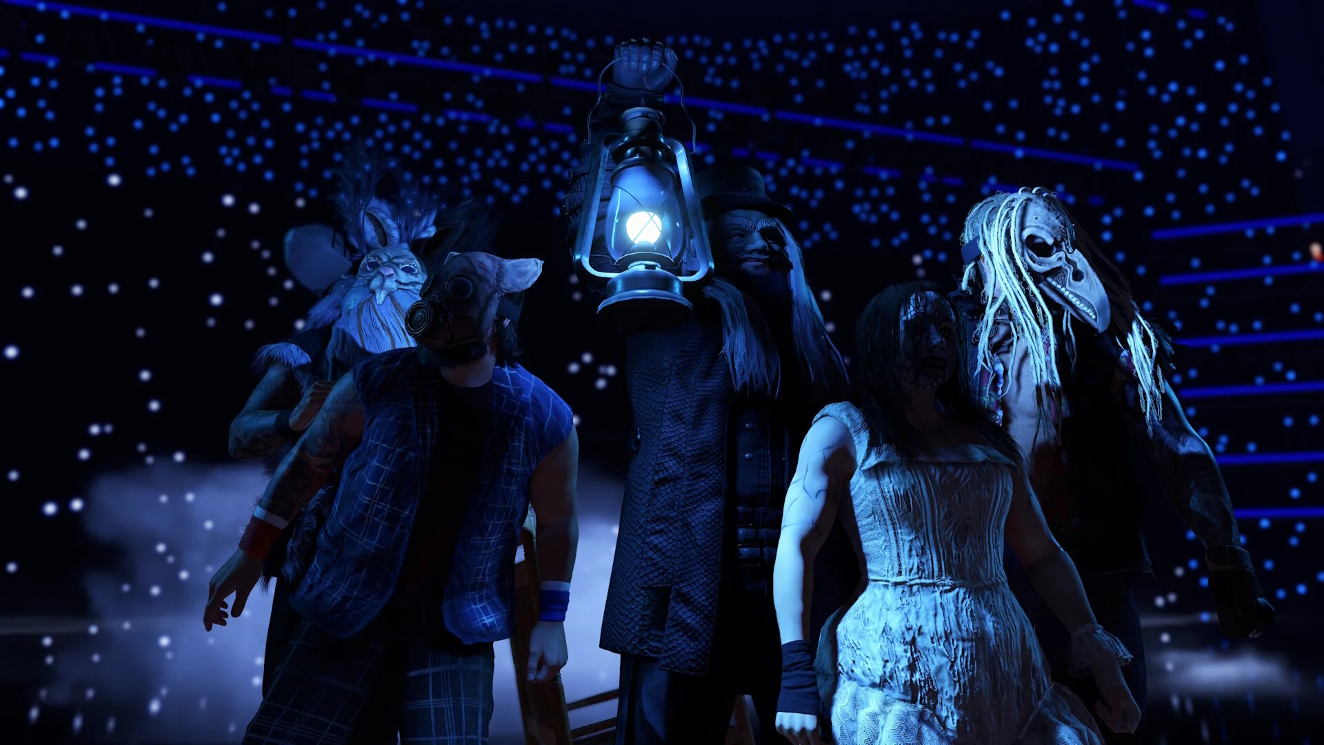 Uncle Howdy holds a glowing lantern beside masked Wyatt Sicks members on a blue-starred stage