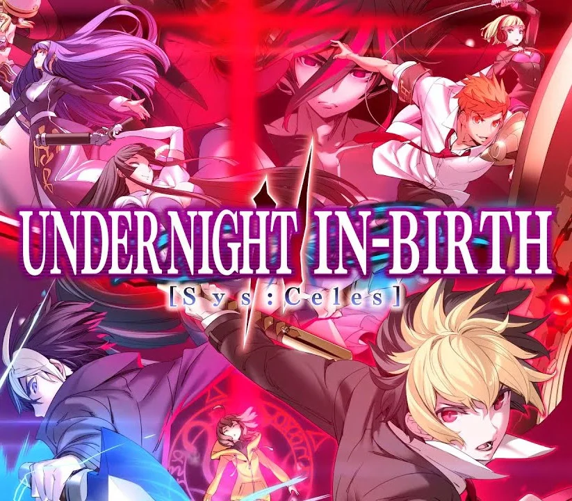 UNDER NIGHT IN-BIRTH II Sys:Celes cover, red burst, purple title, blonde Hyde lower right, white-haired swordsman, pistol woman, orange-haired man