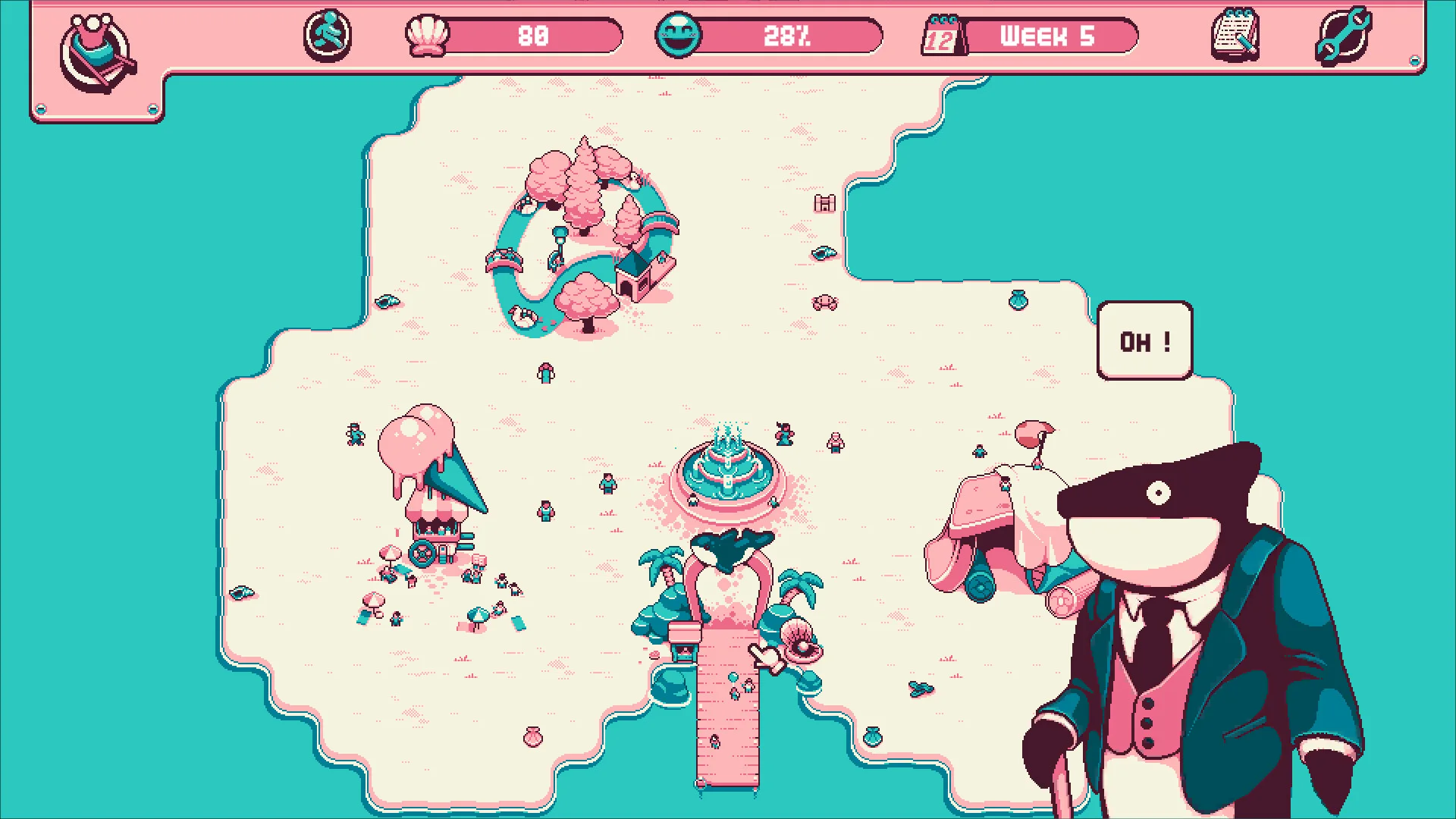 Top-down pink-and-teal island park with an ice-cream stand, fountain and a suited orca saying Oh, Week 5 HUD above
