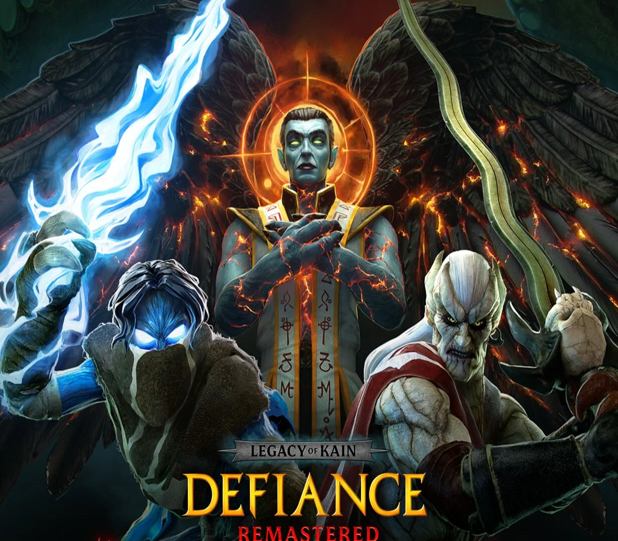 Cover art of a haloed winged figure between a blue spectral swordsman and a pale warrior in a red sash under the Defiance Remastered title