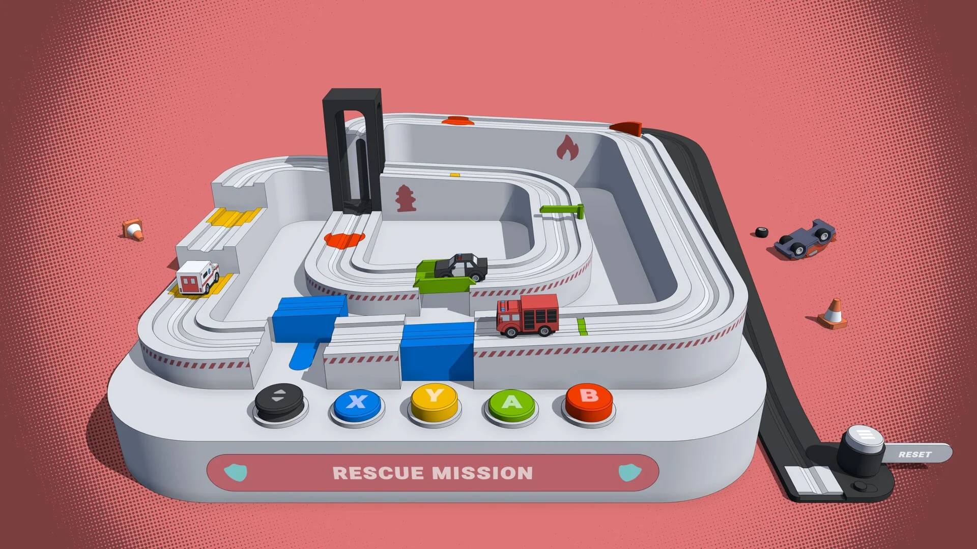 RESCUE MISSION pink marble-run with a white ambulance, red fire truck, hydrant, traffic cones and striped barriers beside a RESET slider