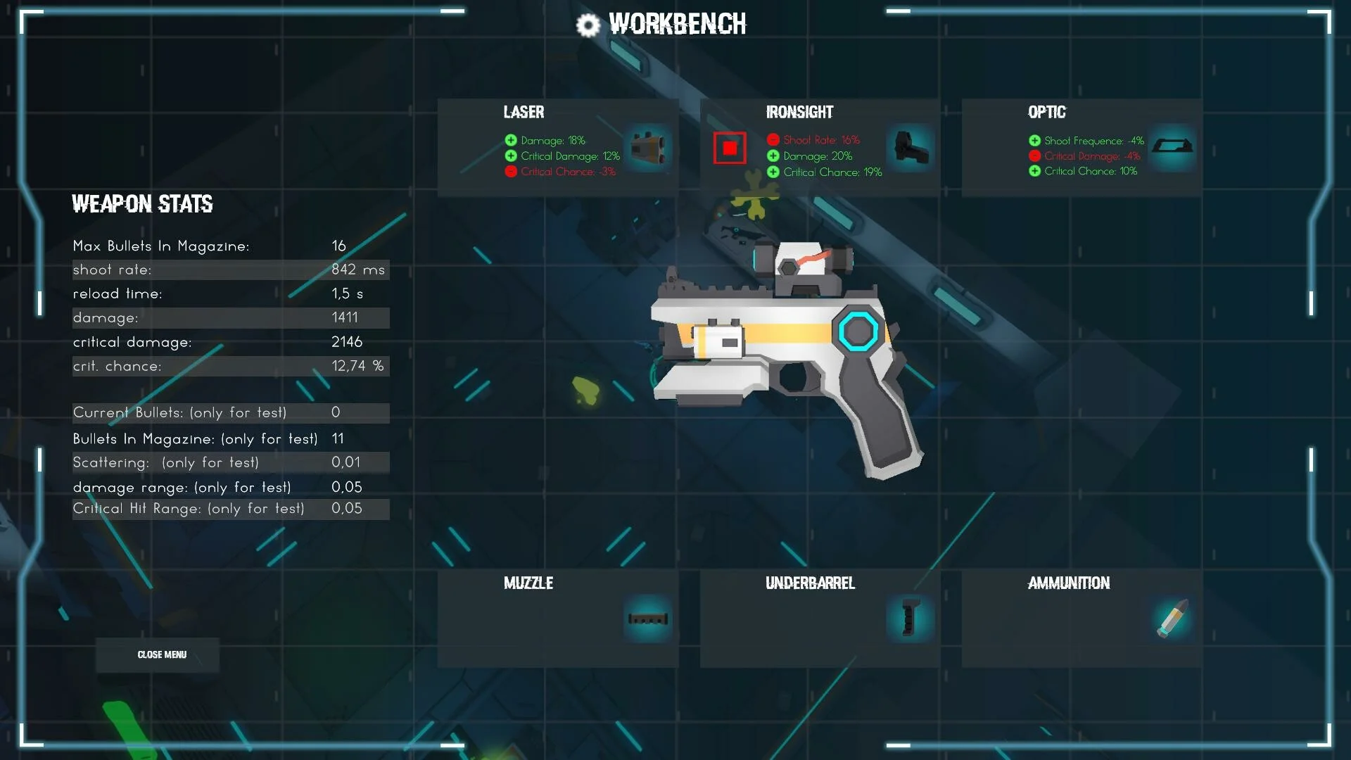 Ekran WORKBENCH z WEAPON STATS, biały pistolet z żółtym pasem, mody LASER IRONSIGHT OPTIC i puste sloty MUZZLE UNDERBARREL AMMUNITION