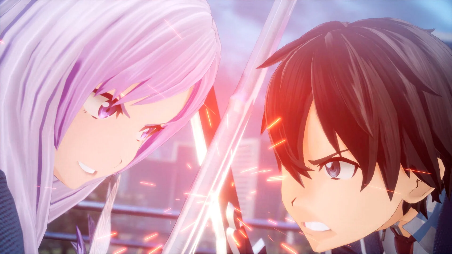 Close-up of a smiling purple-haired fighter and a black-haired swordsman with a glowing blade between them