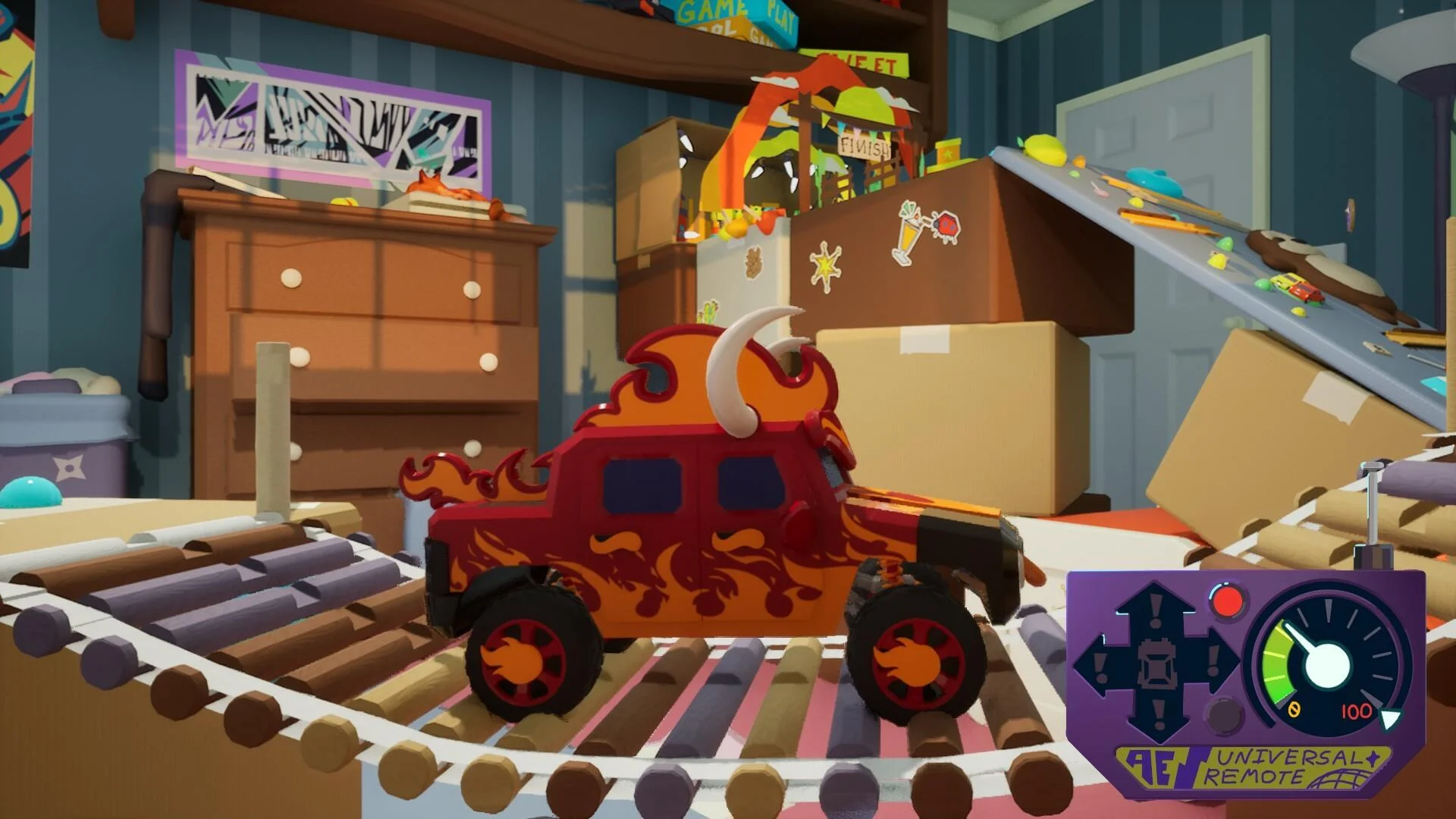 Red flame pickup with white horns crossing a log-roller bridge in a bedroom
