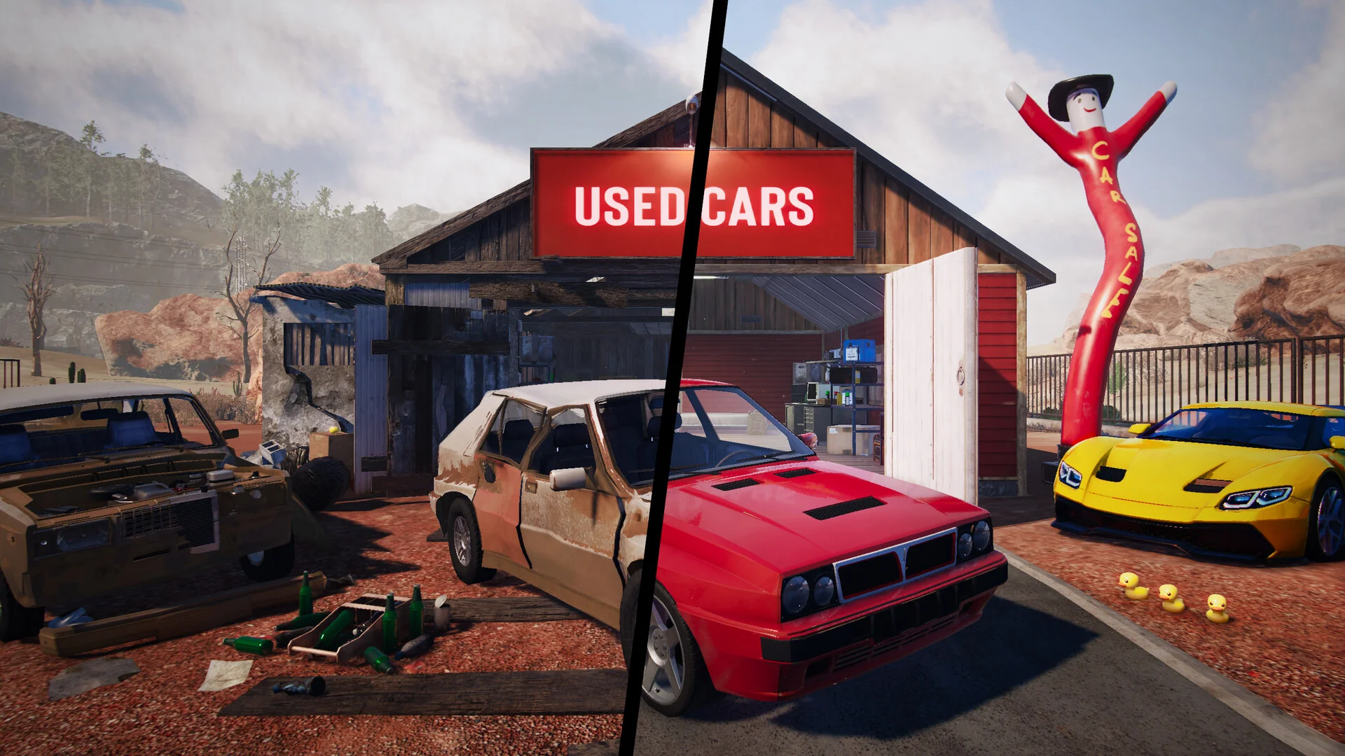 Split shed: wrecked hatchback under Used Cars neon versus restored red car, yellow coupe and inflatable cowboy