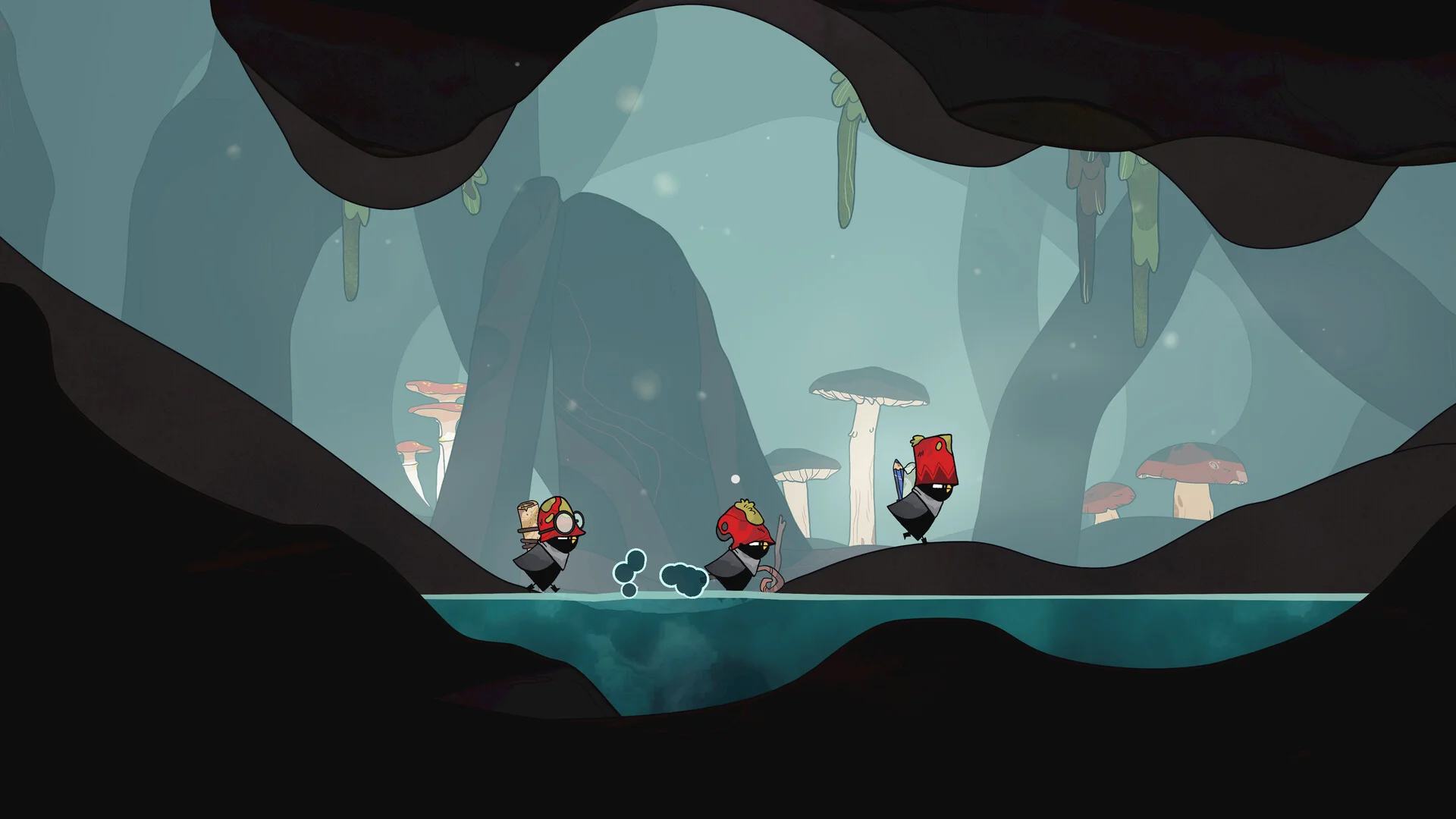 Three Merlies crossing a cave stream, mushrooms and hanging moss, one carrying a rolled map
