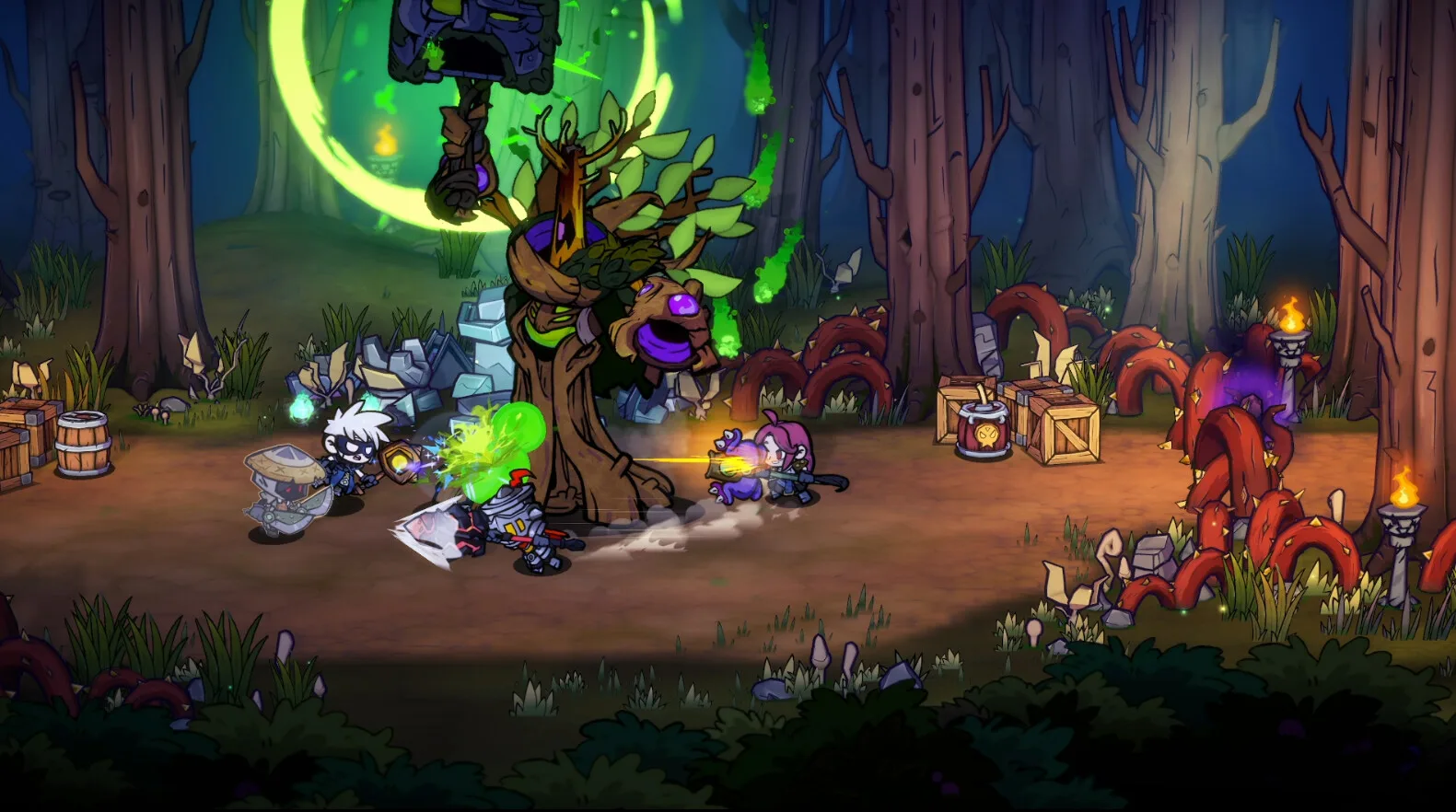 Fighters in a dark swamp beside a purple rune and a round portal