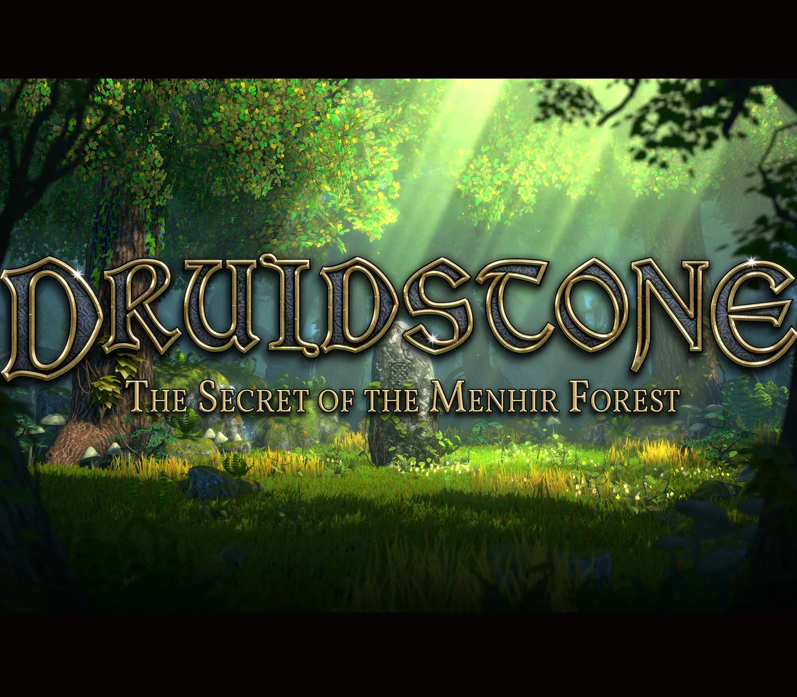 Druidstone title over a sunlit forest and standing stones
