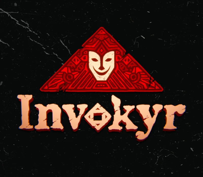Red triangular emblem with a pale smiling theater mask over maze lines, Invokyr in cracked orange letters on black marble