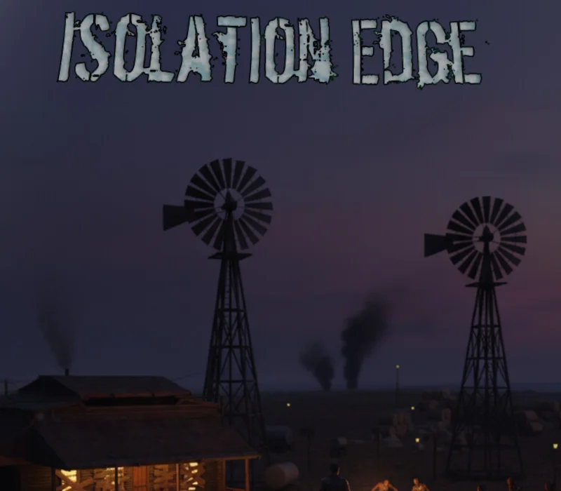 Okładka Isolation Edge, pęknięty tytuł ISOLATION EDGE nad dwoma wiatrakami o zmierzchu, dym, szopa i postacie