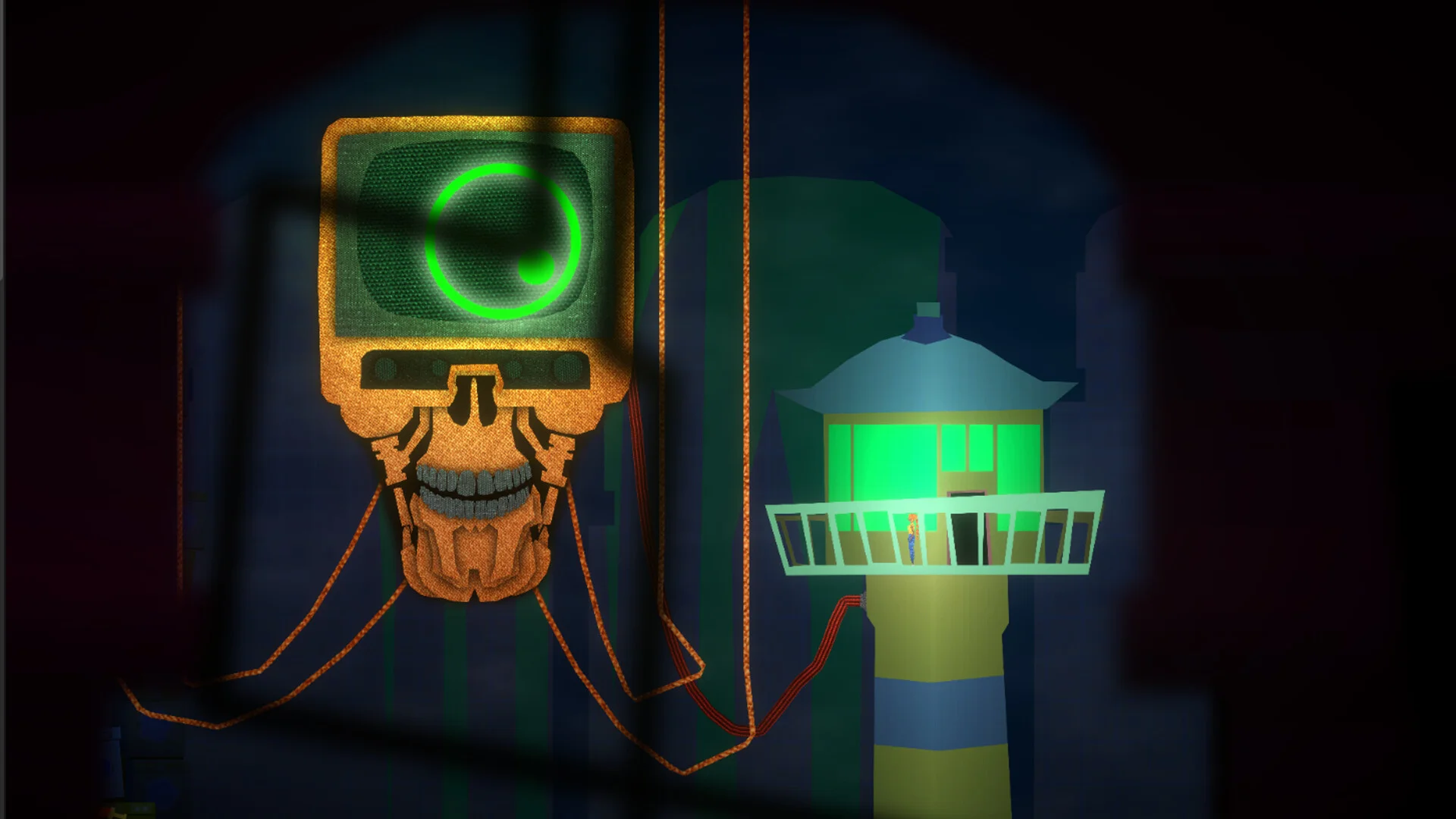 CRT screen with a green eye on a skull, cables running toward a green-lit watchtower