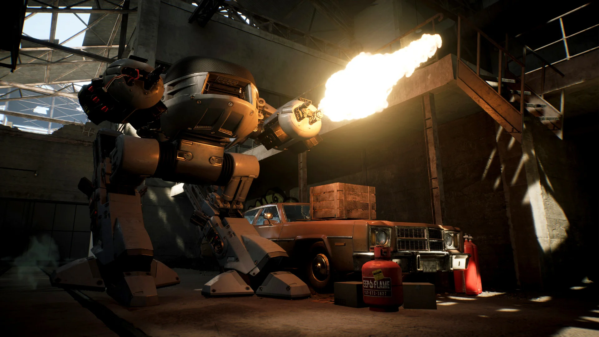 Armored figure near a fire and red barrels in an industrial yard.