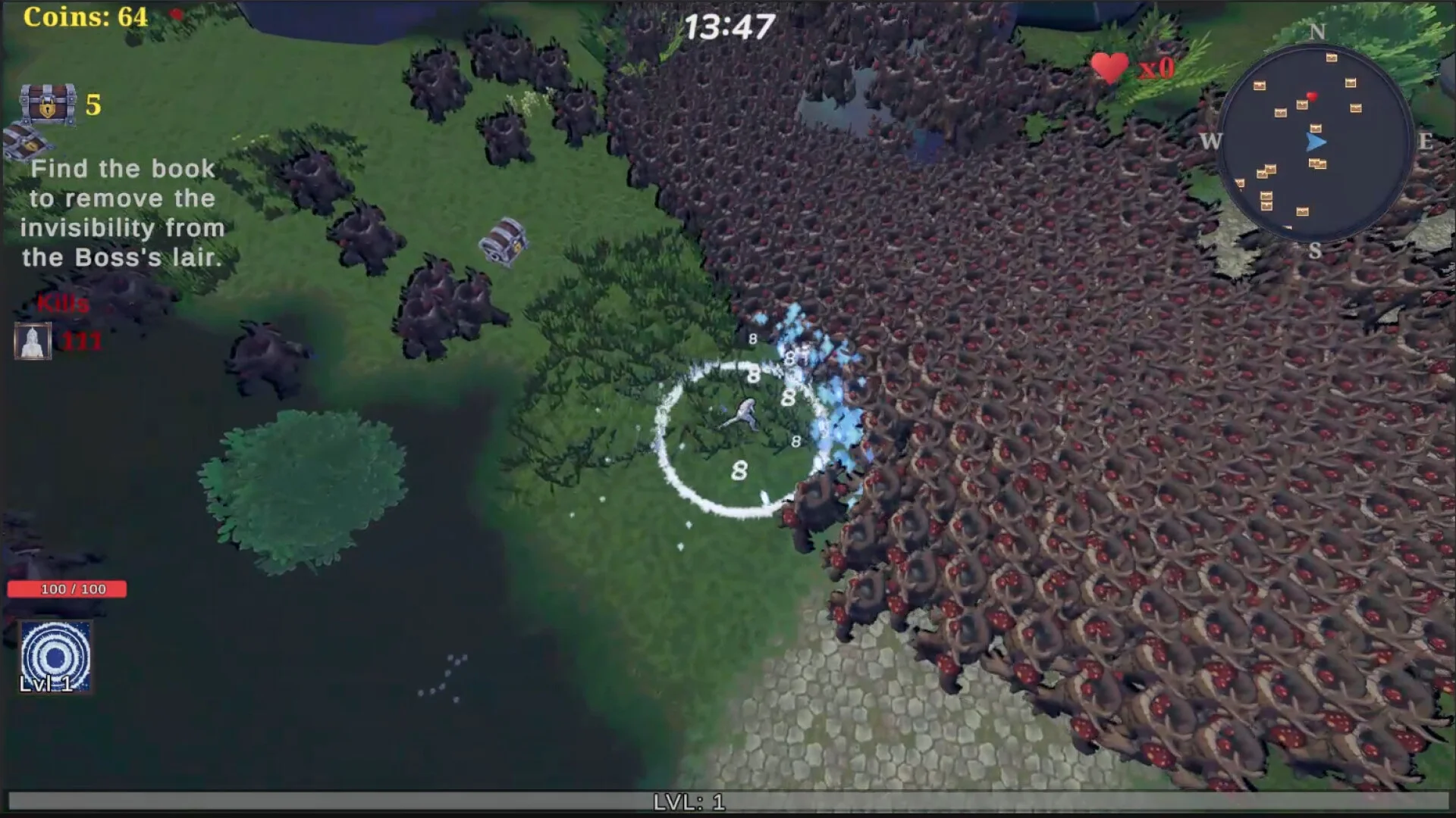 Zyntaris top-down horde with chests and a boss gate