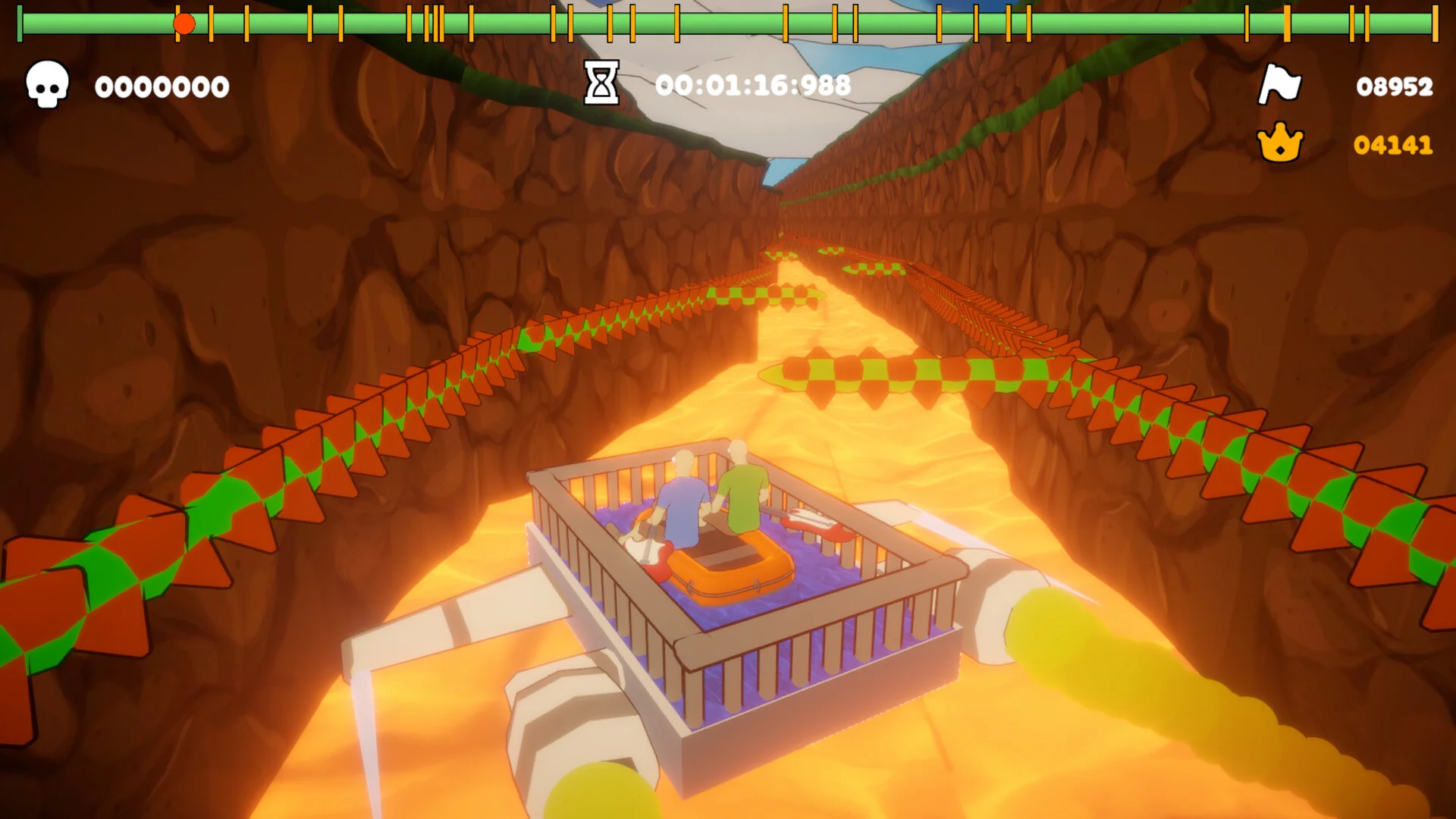 Cage platform carrying an orange raft over a lava canyon, orange-green spike rails along both rock walls