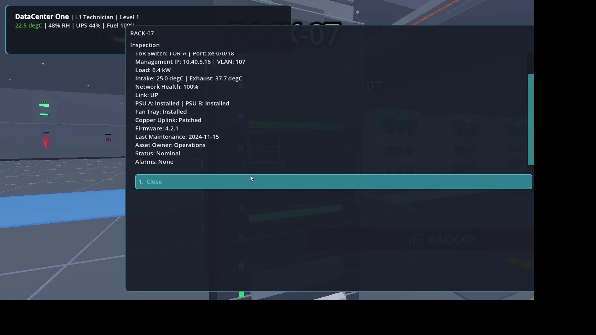 RACK-07 Inspection overlay listing management IP 10.40.5.16, VLAN 107, PSU A and B installed, copper uplink patched, status Nominal
