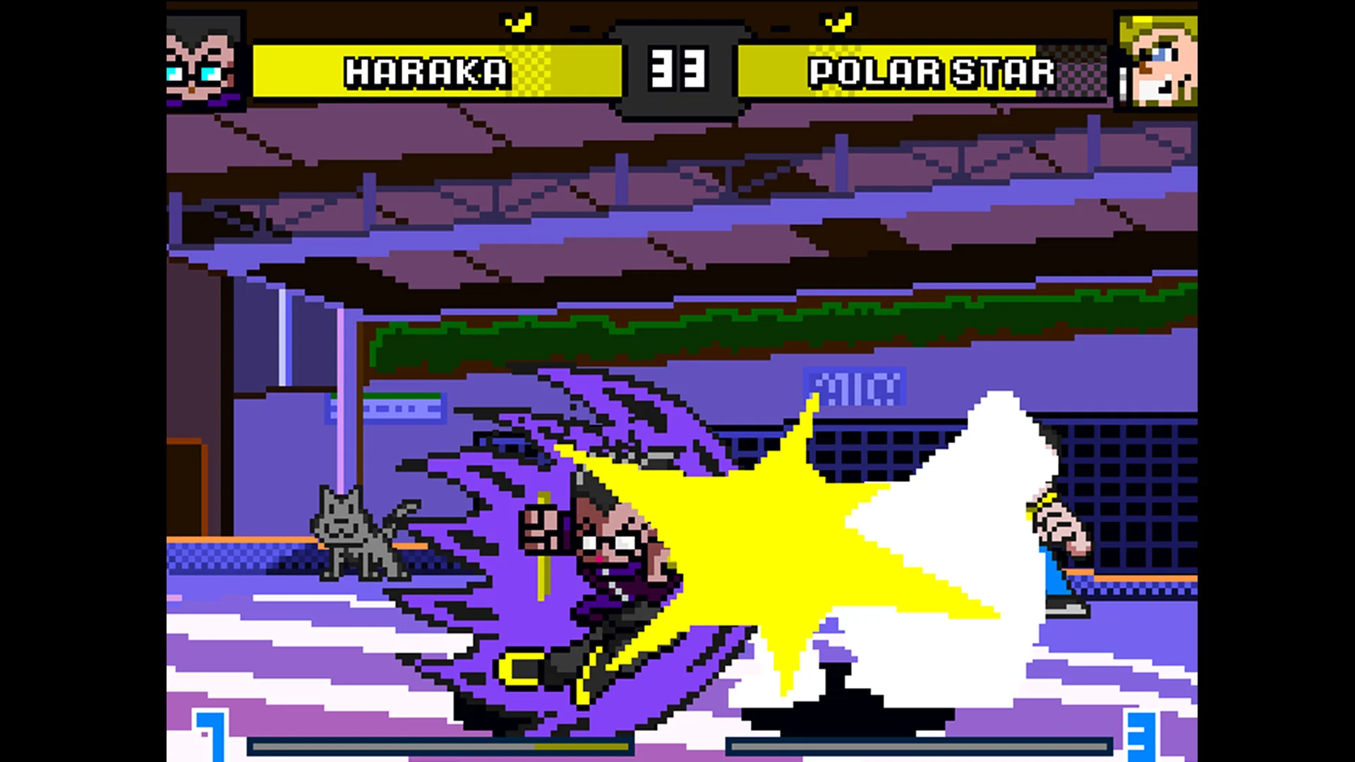 Haraka strikes Polar Star with a bright yellow impact on a purple street stage