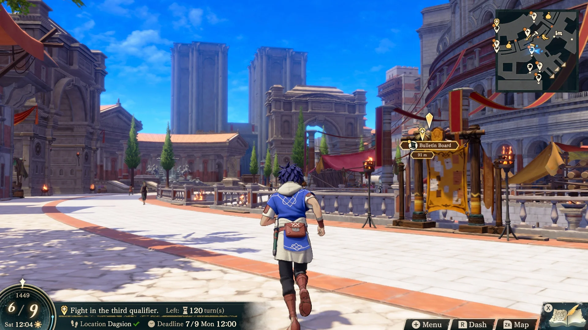 Blue-tunic boy running a white Dagsion plaza toward stone arches, yellow bulletin board on the right, HUD showing a qualifier deadline