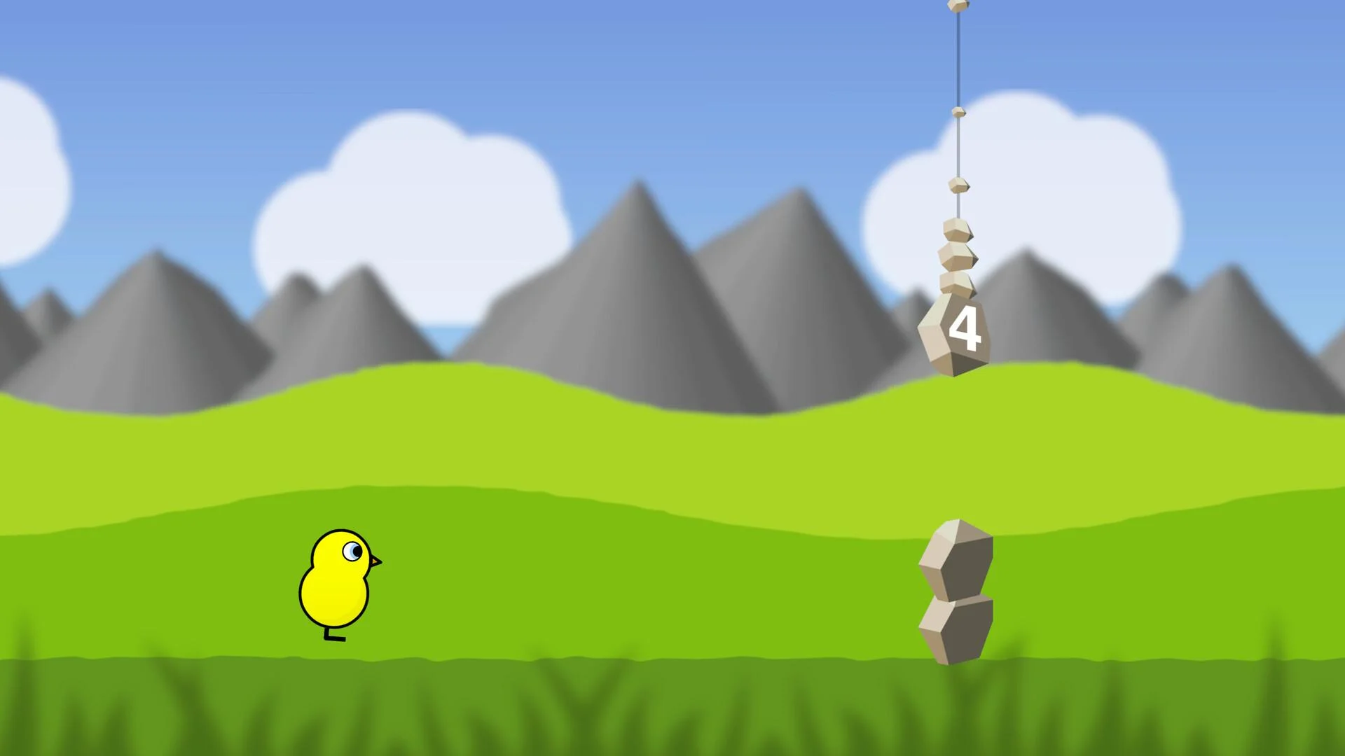 Yellow duck on grass watching a hanging rock marked with the number four