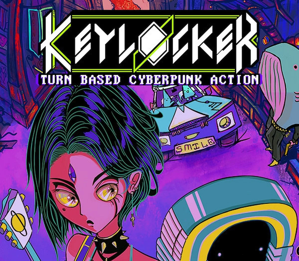 Keylocker cover: green-haired B0B0 with a spiked collar, SMILE car and KEYLOCKER neon title