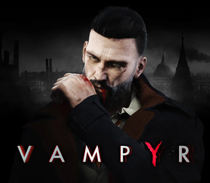 Brodaty mężczyzna w ciemnym płaszczu z krwią na ustach i dłoni, logo VAMPYR, zadymiona panorama z kopułą i kominami