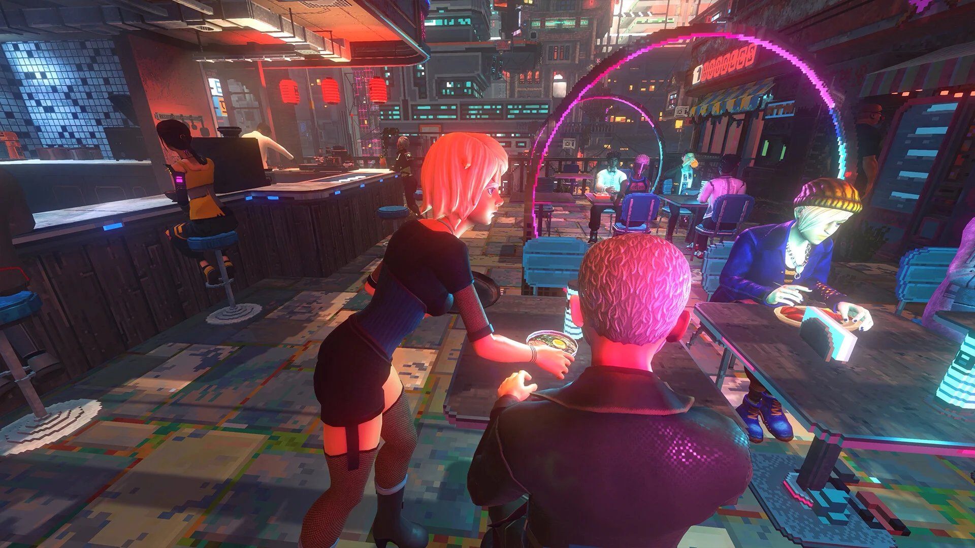 Pink-haired waitress in a black dress serving ramen to a short-haired guest, neon arches and pixel diners at outdoor tables
