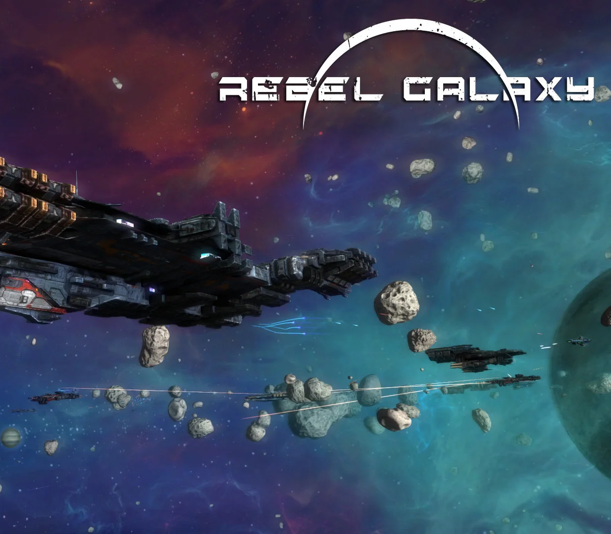A capital ship among asteroids in a teal nebula under the Rebel Galaxy logo