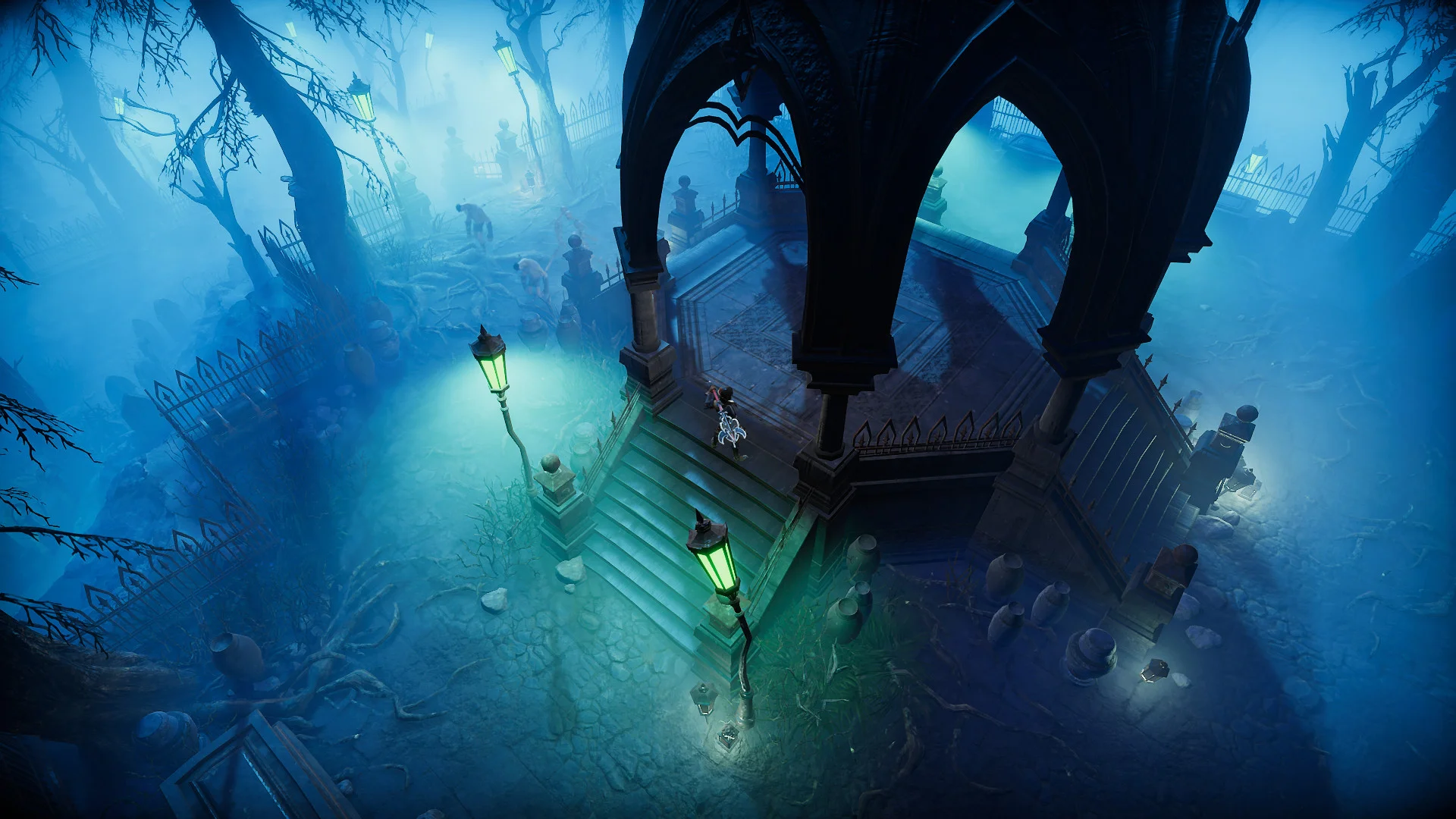 A small figure climbs steps into a gothic gazebo in a blue foggy graveyard