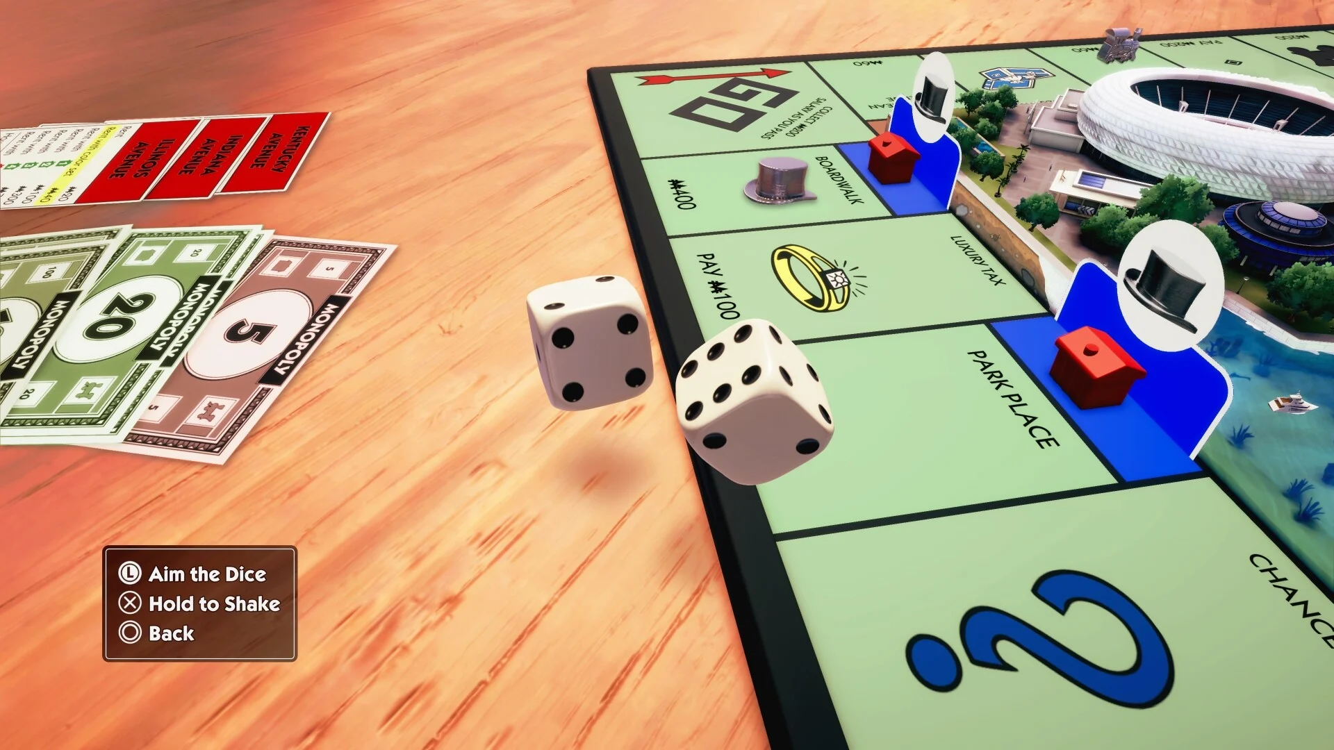 Two dice hang over GO and Park Place while title deeds and Monopoly money sit on the wooden table