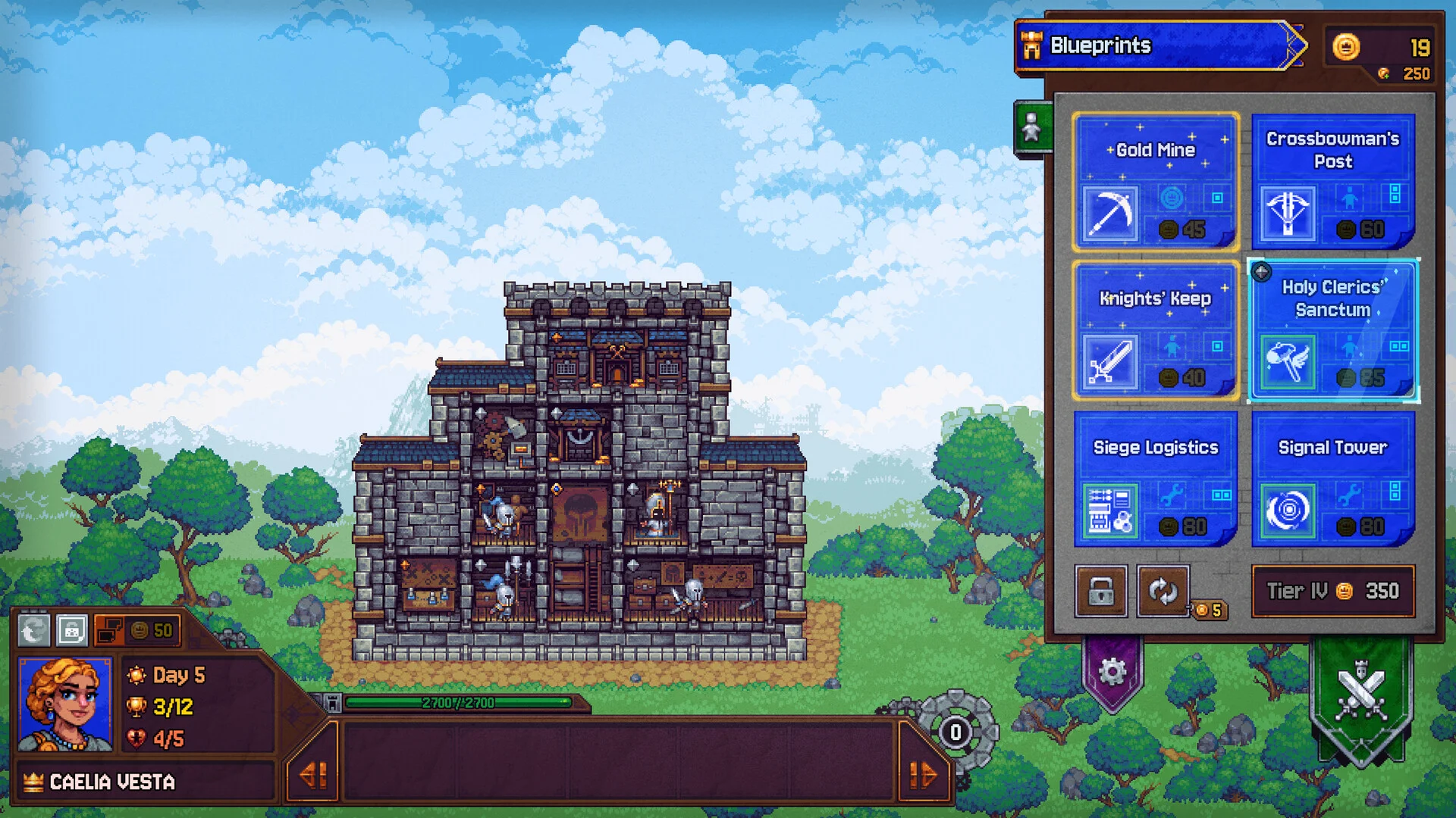 Pikselowy przekrój kamiennego keepu, panel Blueprints z Gold Mine i Knights’ Keep, bohaterka Caelia Vesta, dzień 5