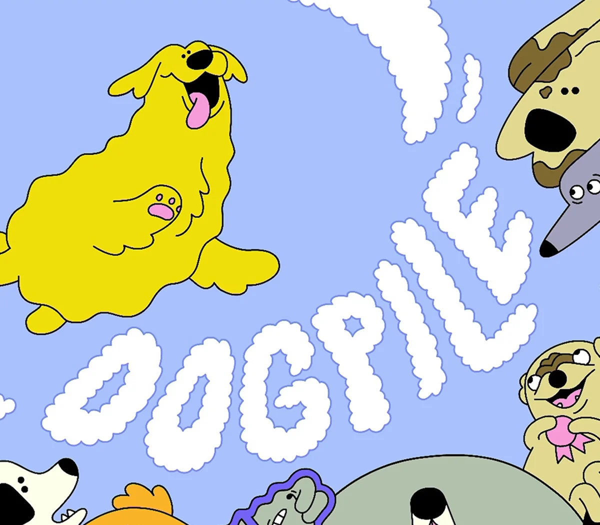 Dogpile cover: yellow cartoon dog with tongue out, DOGPILE cloud letters, surrounding pups