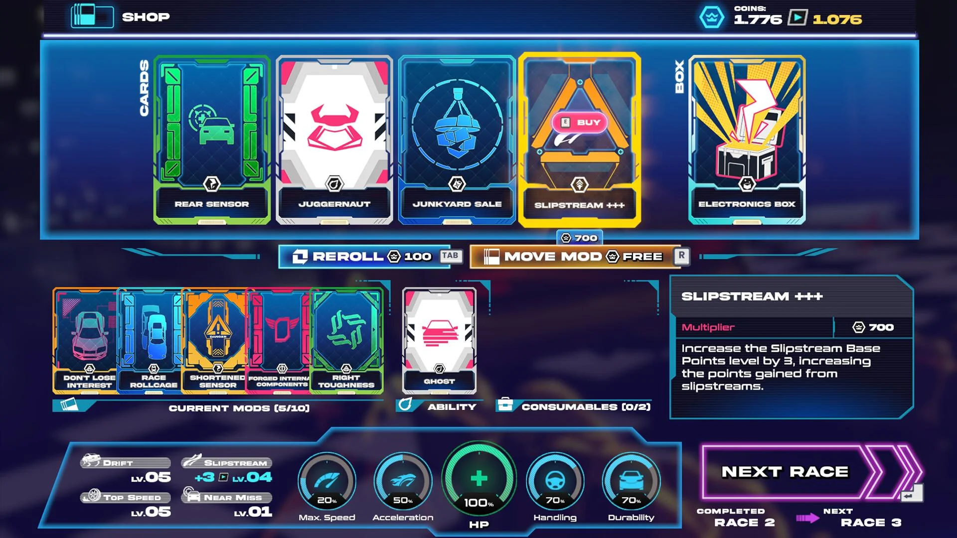Modifier card shop showing the current build and vehicle statistics