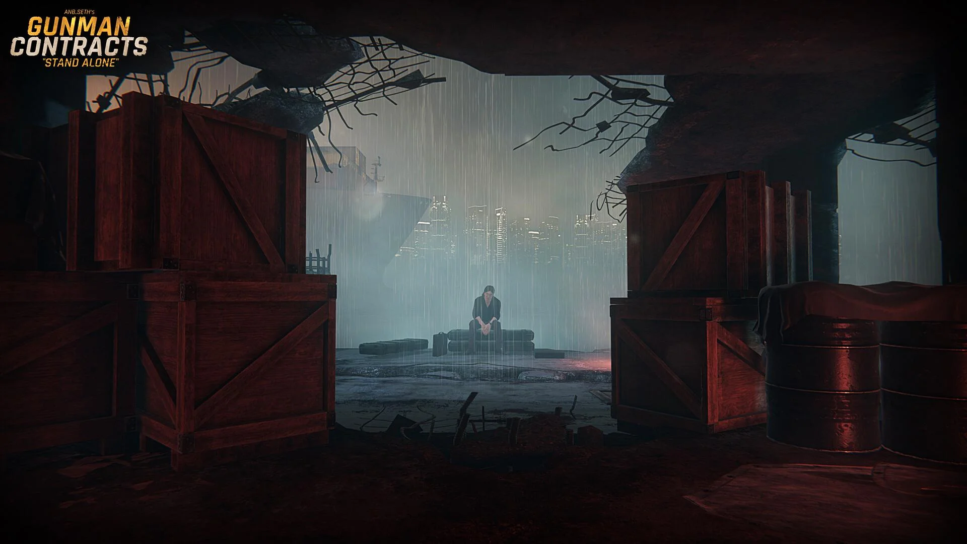 Rain warehouse mouth: wooden crates, barrels, a man sitting in the downpour, city lights behind