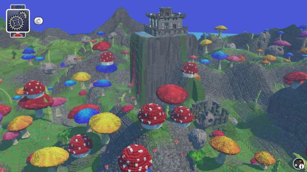 Colourful brick mushrooms around a grey cliff topped with a small castle under a solid blue sky