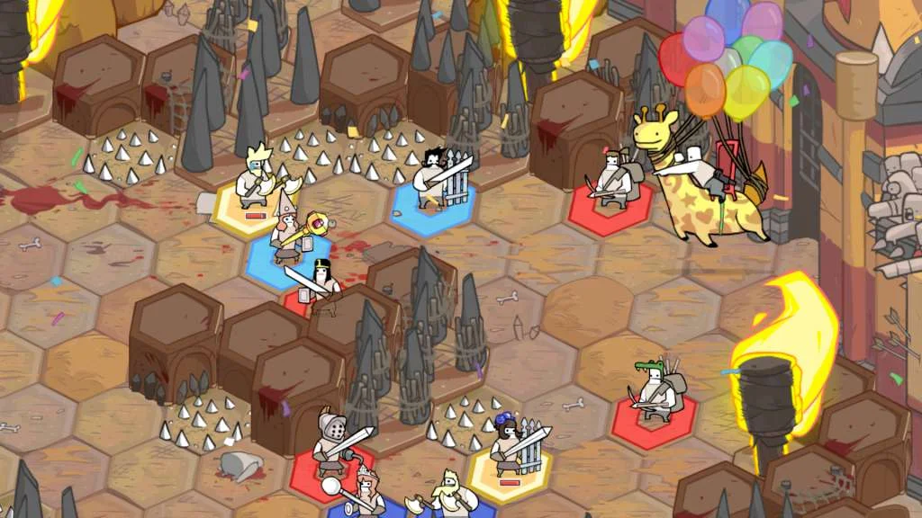 Small round characters and red figures in a stone room