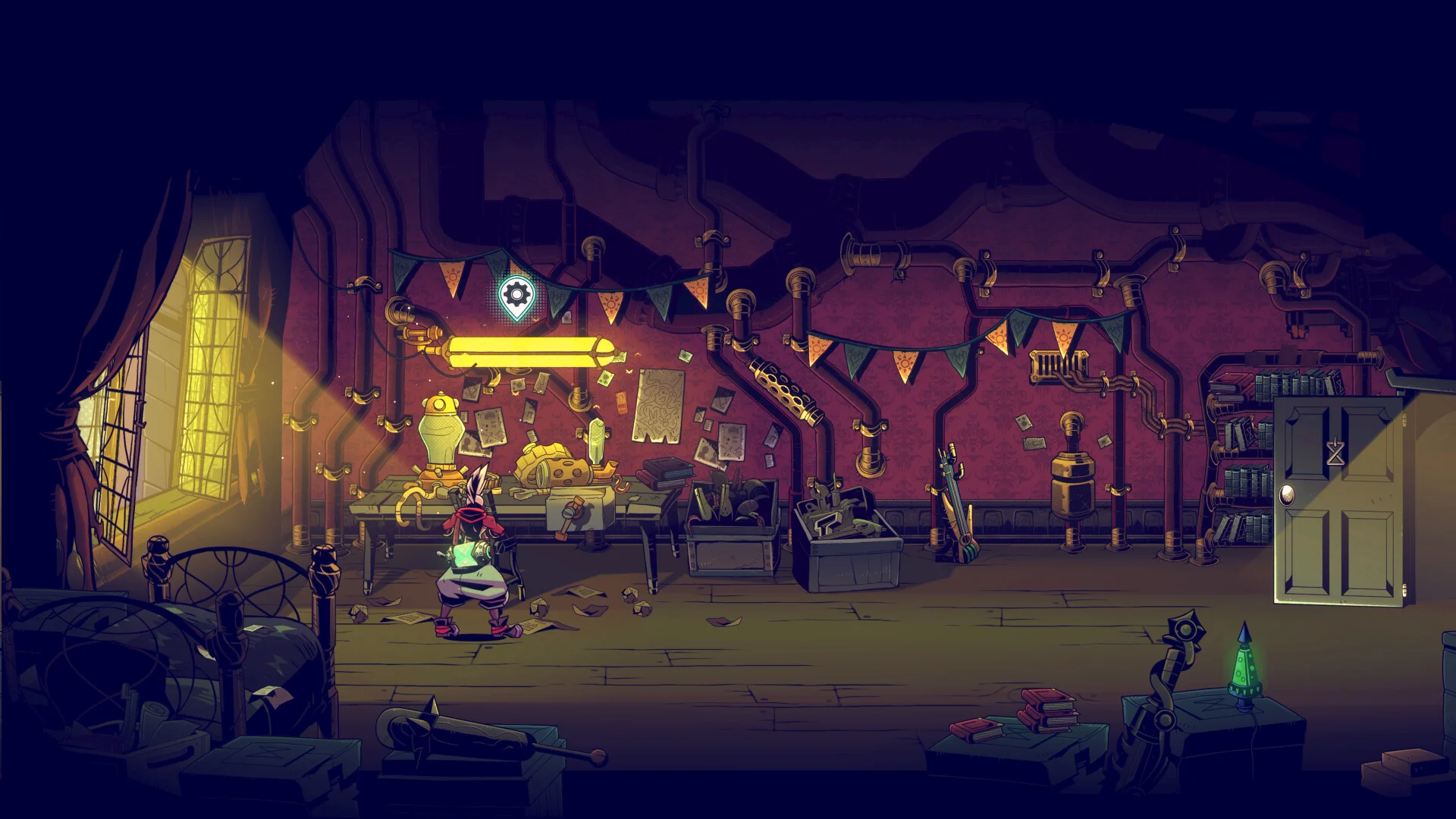 A room of pipes, banners, and a small character