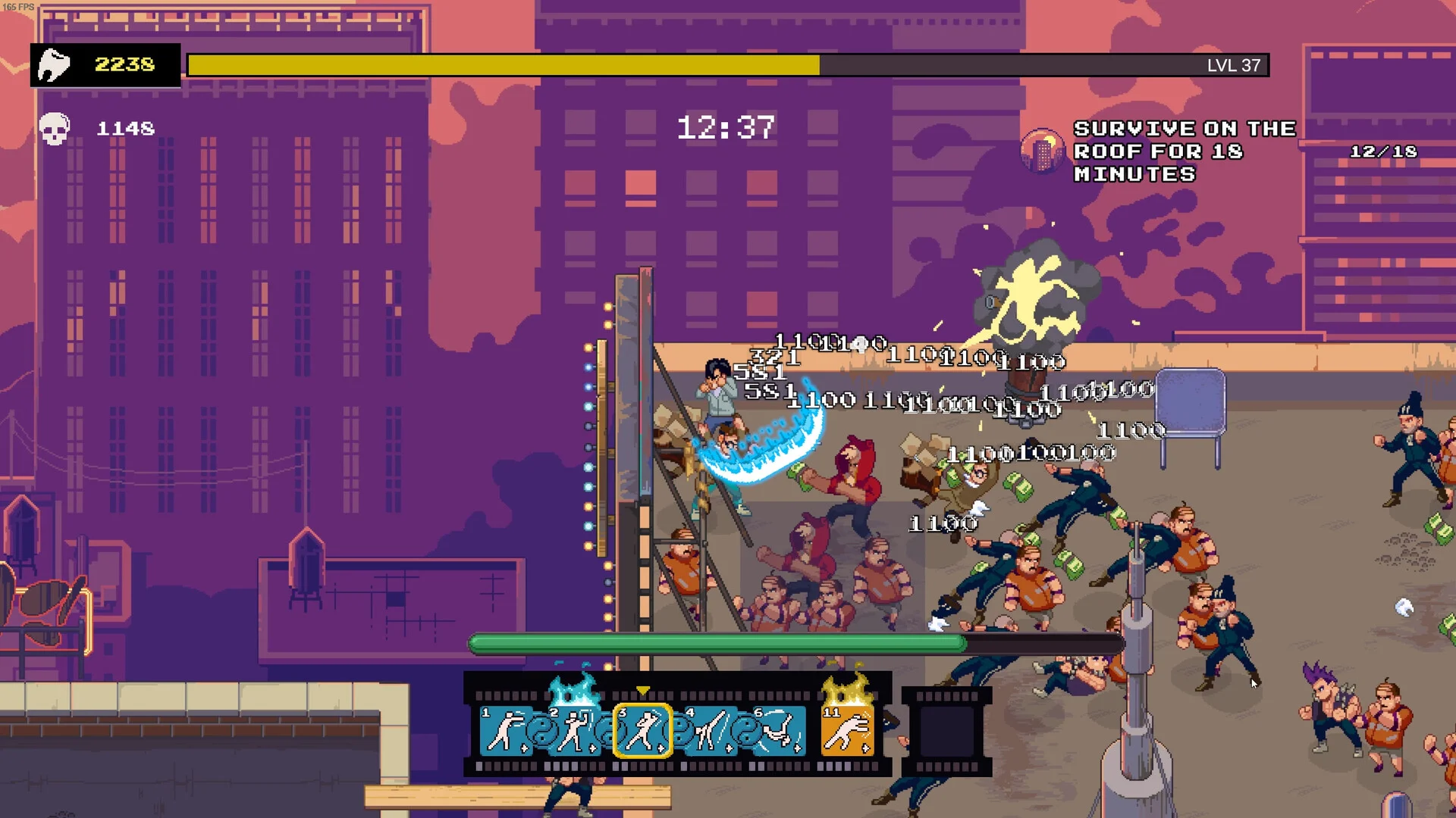 A rooftop brawl at 12:37 with a blue energy slash and Survive on the roof for 18 minutes