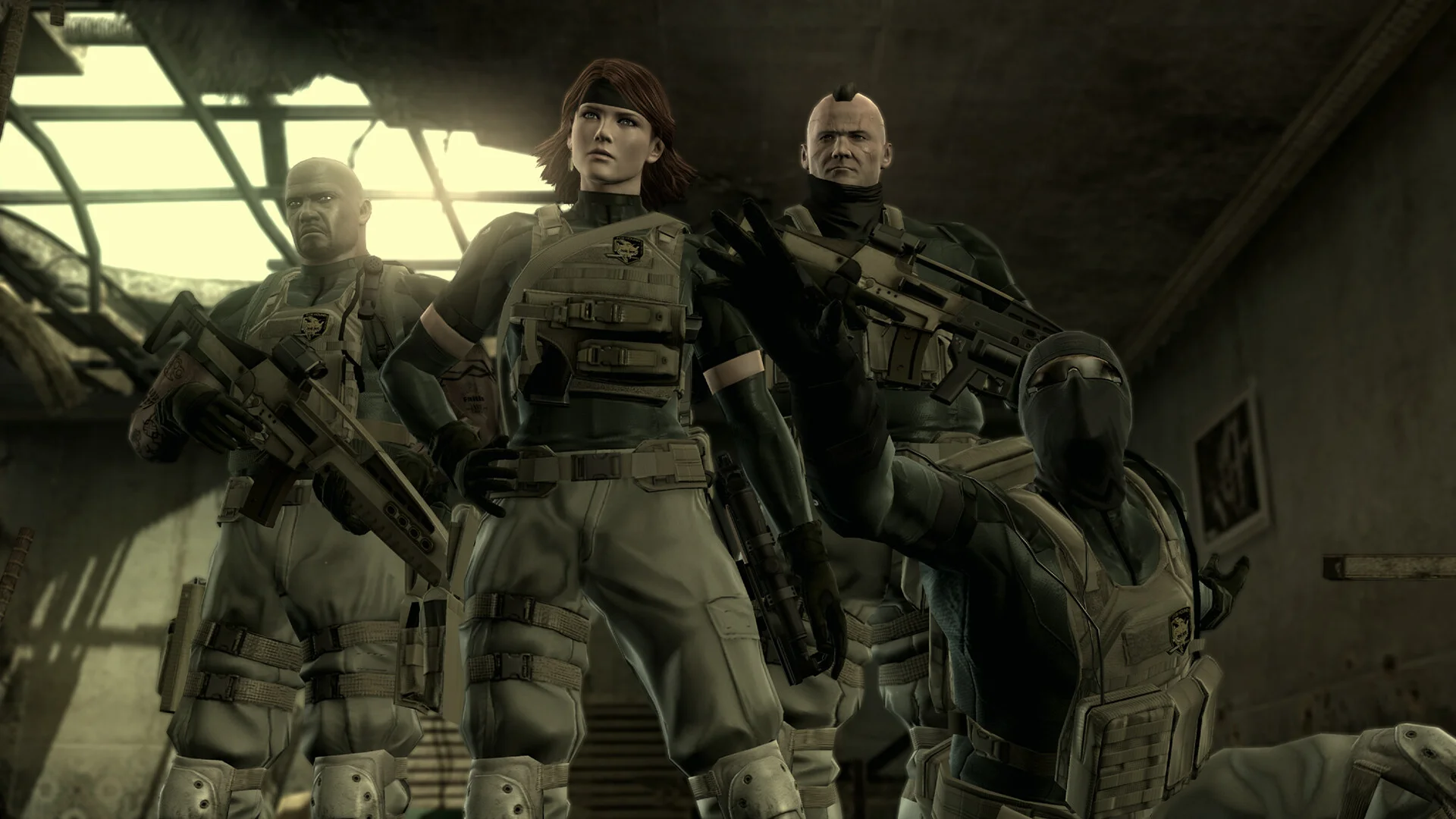 Four soldiers in a ruined hall: Meryl in the centre, two riflemen and a masked fighter reaching forward