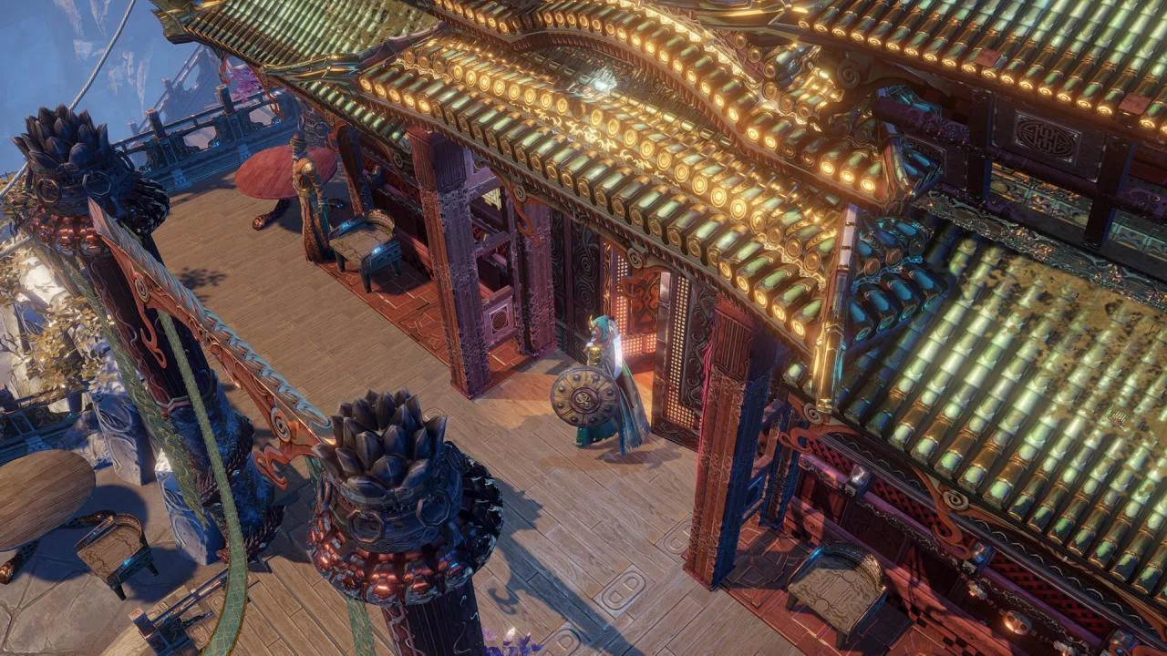 Isometric pagoda hall with painted eaves, a shield-bearer in a teal coat in the doorway, red parasol seat to the left