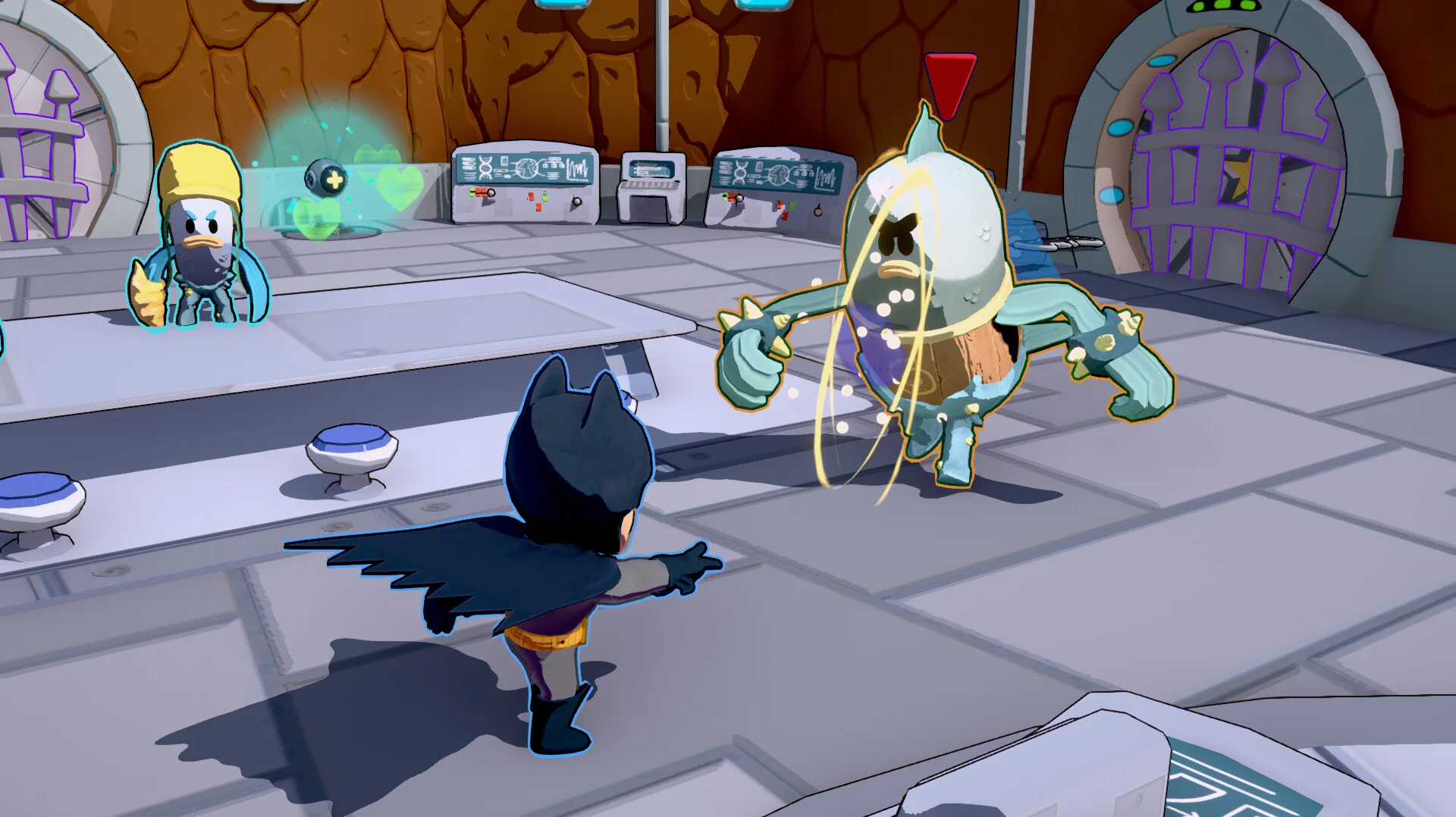 Batman fighting a slime monster in a cartoon lab