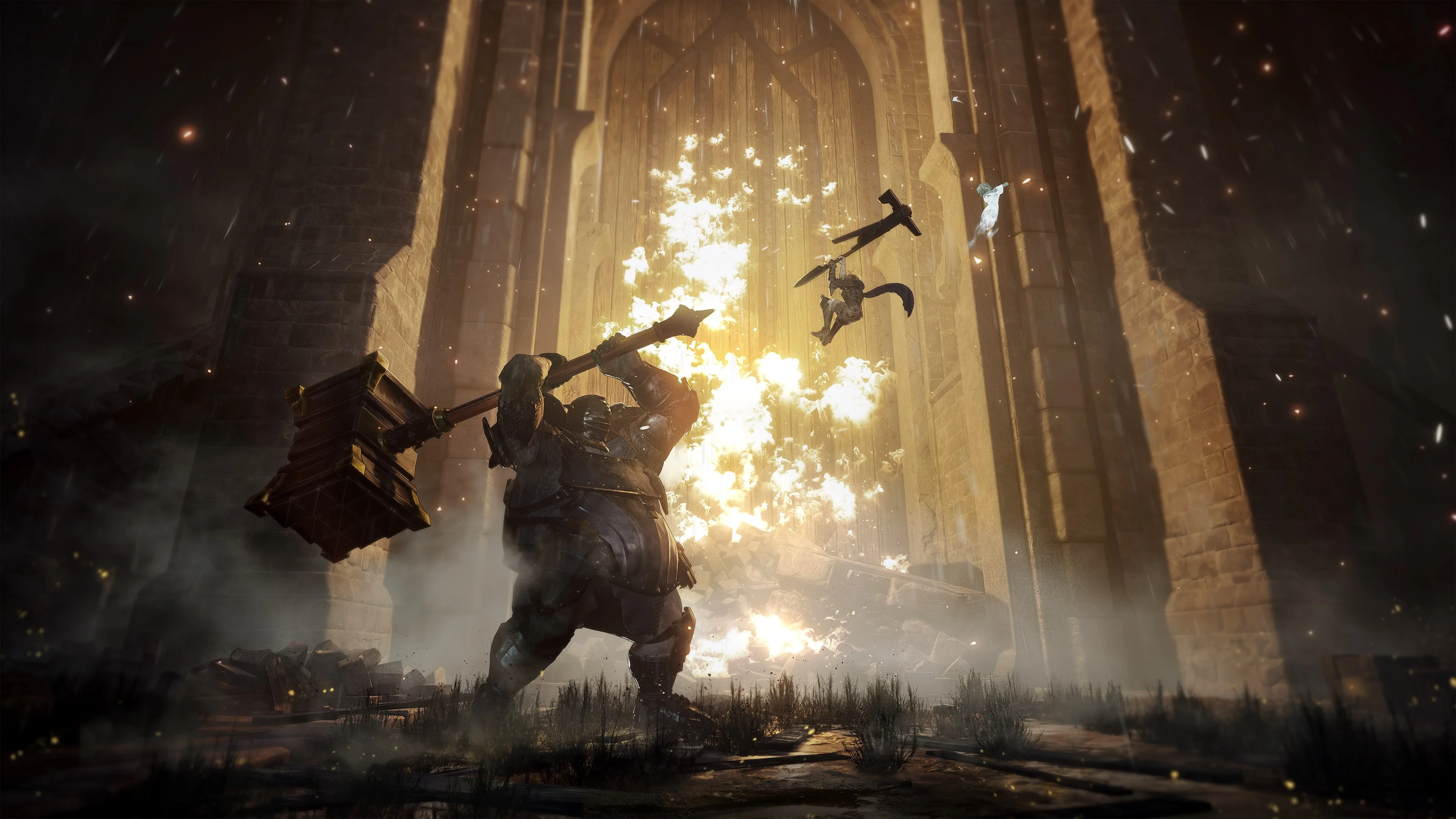 A huge hammer-wielding knight swinging while Briar hangs in the air before a blazing gothic door
