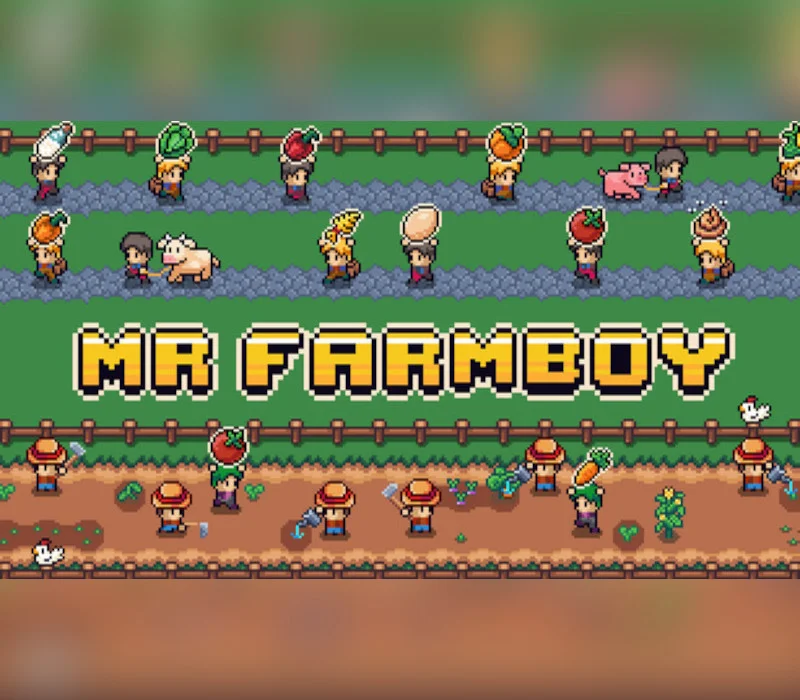 MR FARMBOY cover: pixel villagers carrying crops on stone paths, straw-hat farmers watering dirt rows