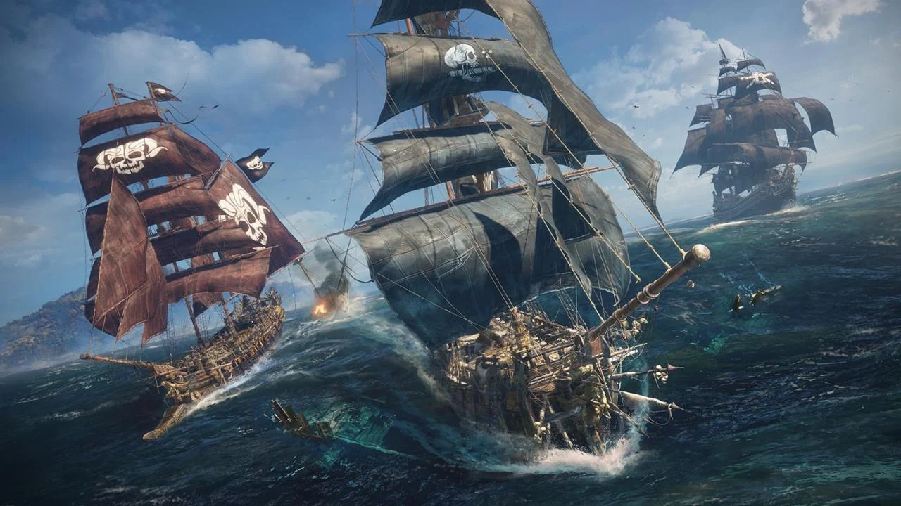 Three black-sailed pirate ships in heavy blue swell, skull flags flying as they close for battle