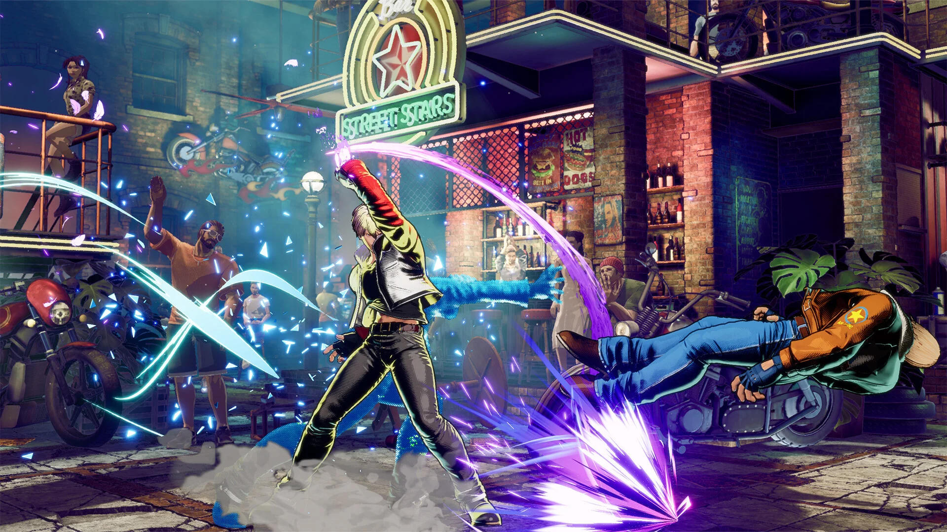 A fighter with a bat launches another fighter through a bar