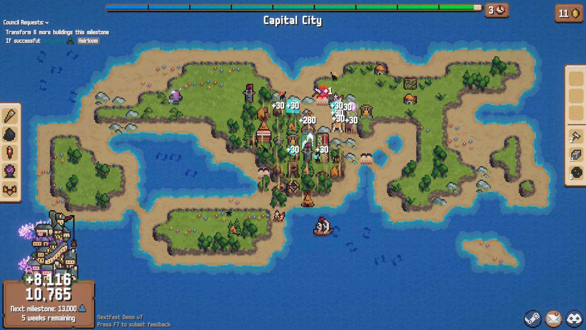 Capital City combo: +30 tiles popping, council heirloom request, score 10765