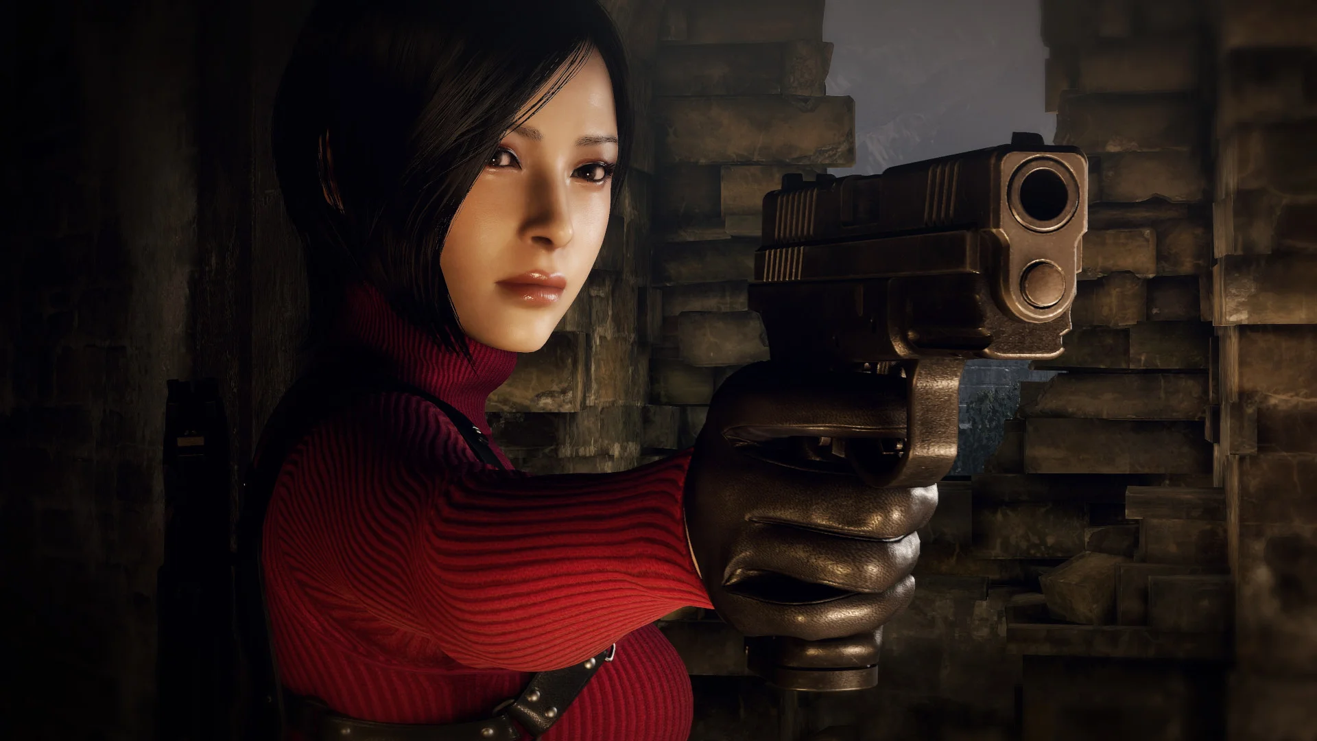 Ada Wong in a red turtleneck aiming a pistol beside a stone wall