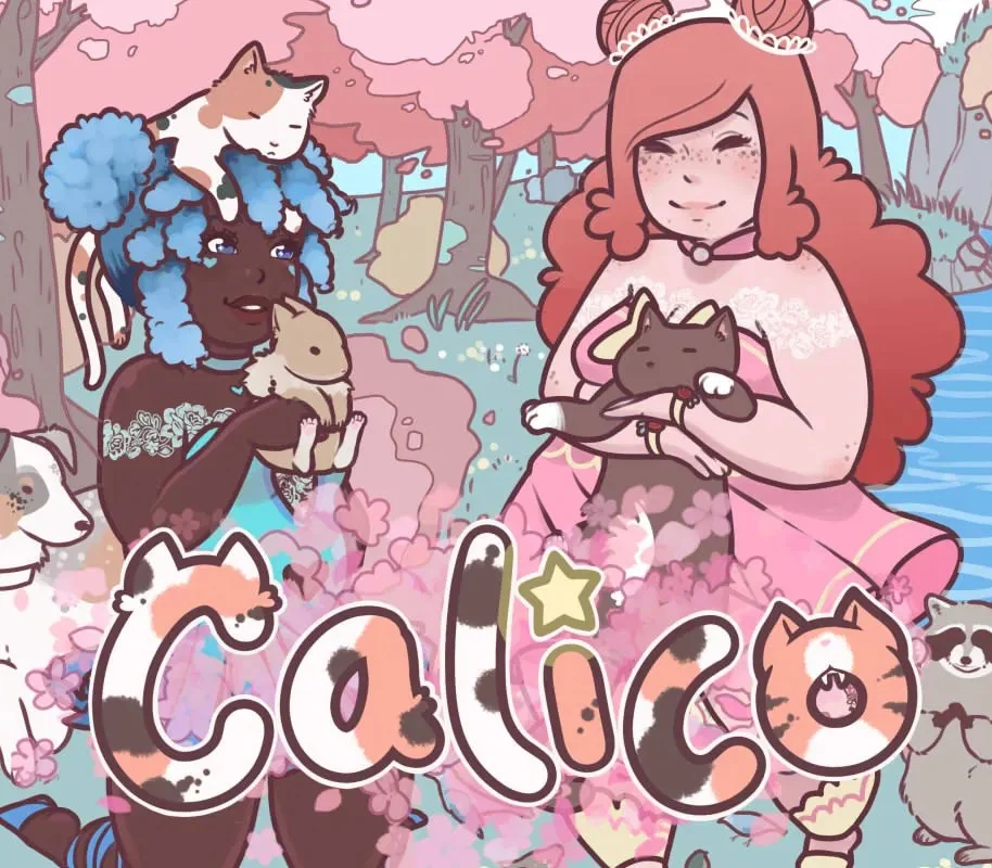Calico cover under pink blossoms, blue-haired person with a calico cat on their head holding a cream rabbit, pink dress holding a black cat, raccoon at the edge