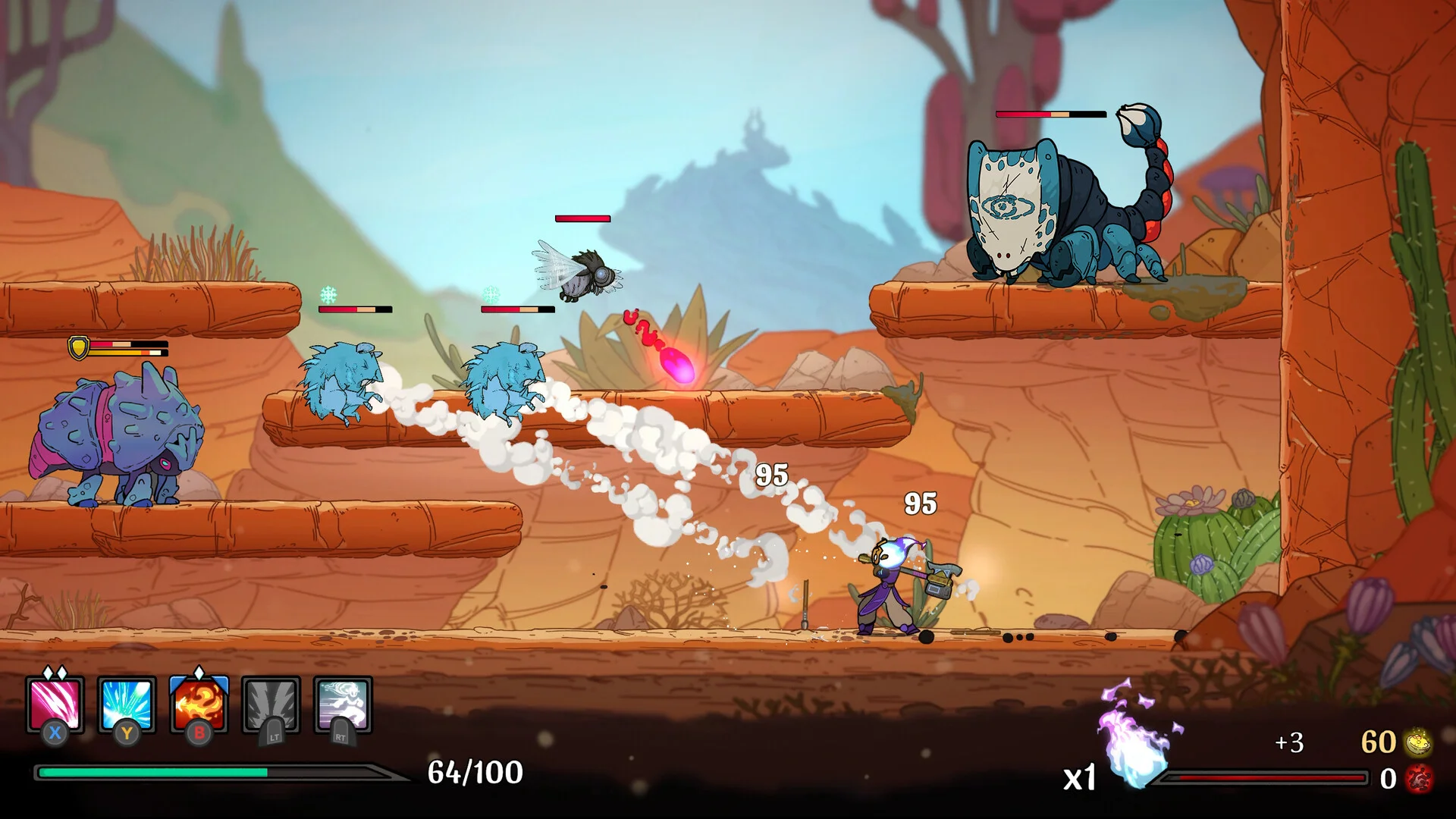 Orange canyon ledges, blue spiky beasts and a masked scorpion above, hooded figure firing shots marked 95 and 95, 64/100
