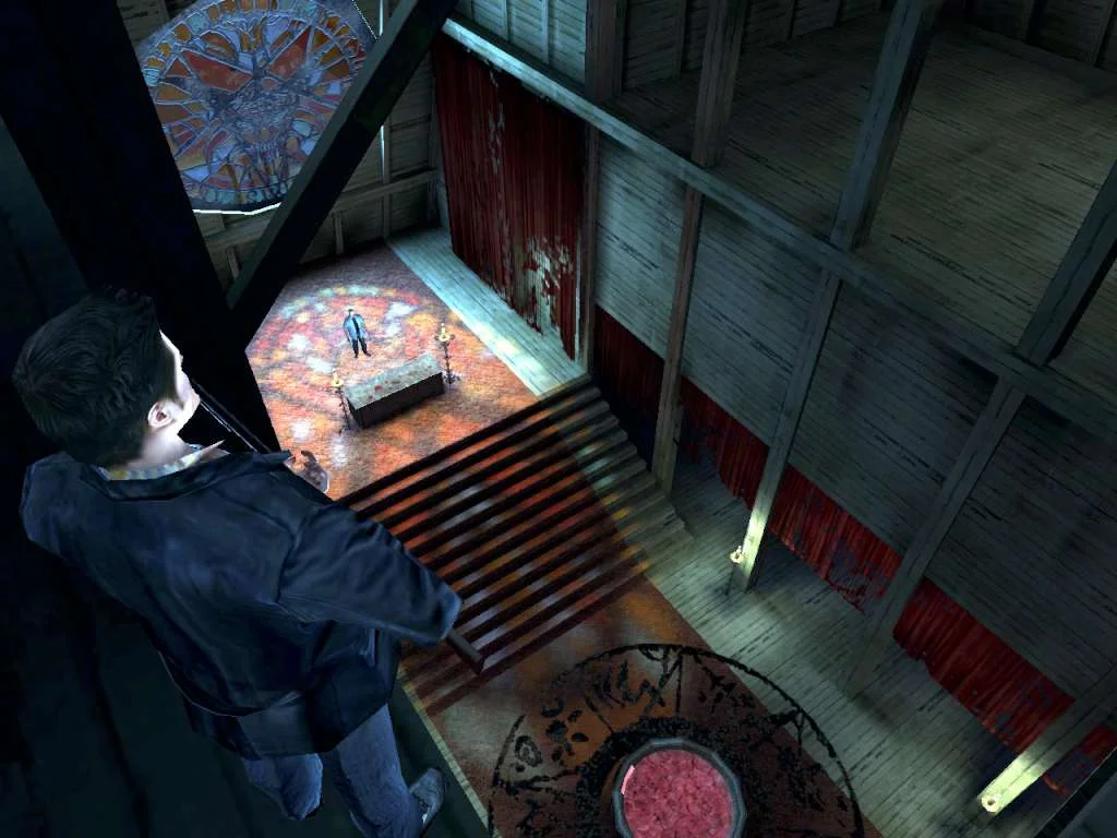 Max Payne looks down from a wooden balcony at a man on a stained-glass-lit stage